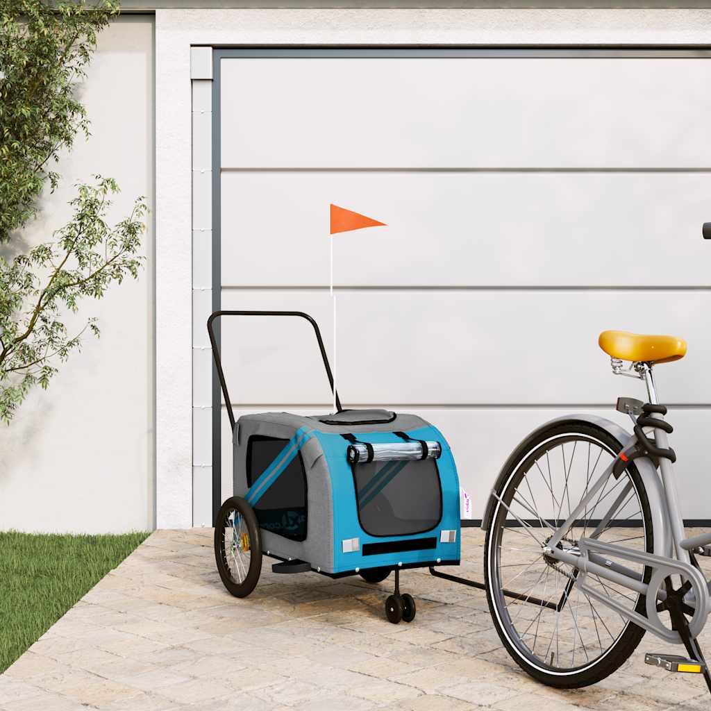 Remolque De Bicicleta Mascotas Hierro Tela Oxford Azul Gris_1