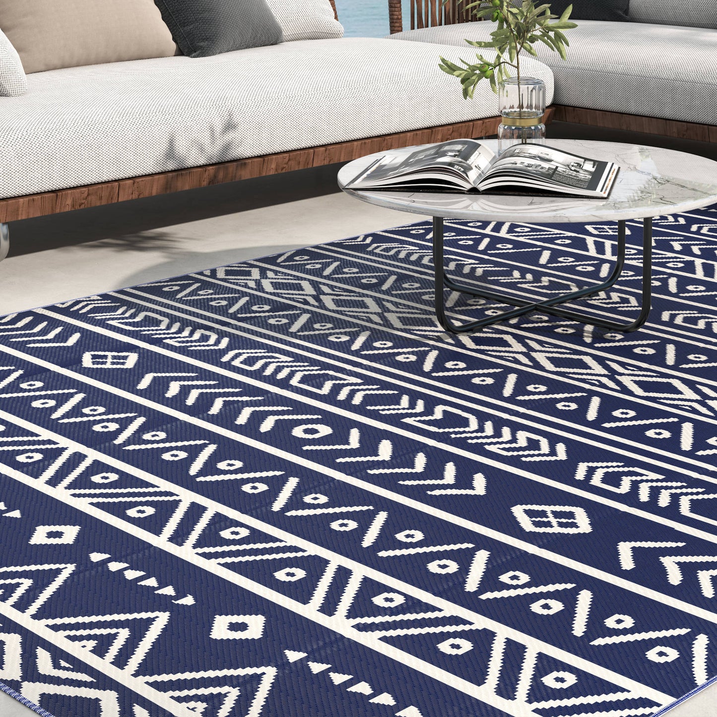 Outsunny Alfombra De Exterior 182x274 Cm Con Patrón De Geométrico Azul_3