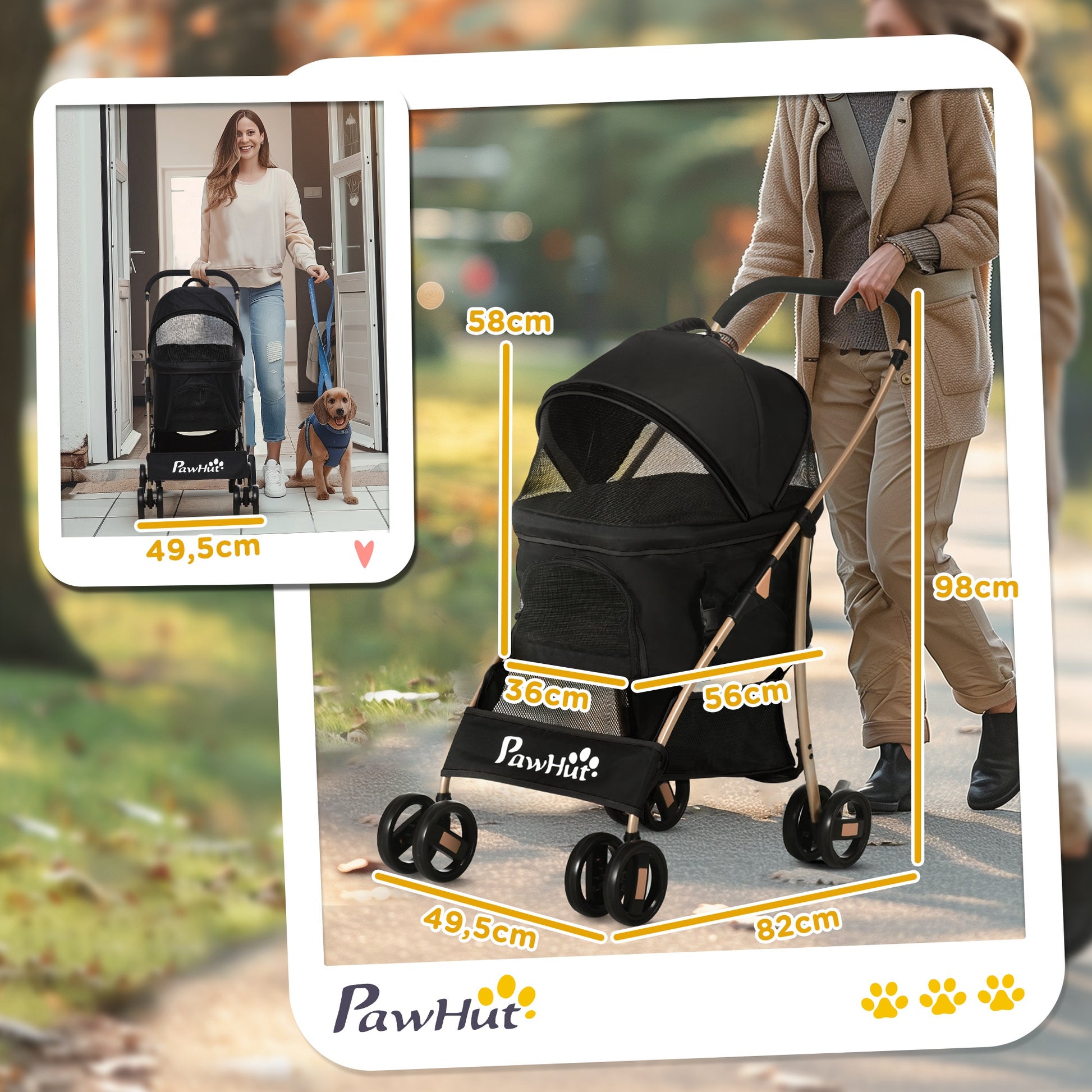 Pawhut Carrito Para Perros Plegable 3 En 1 Con Vagón Desmontable Negro_2