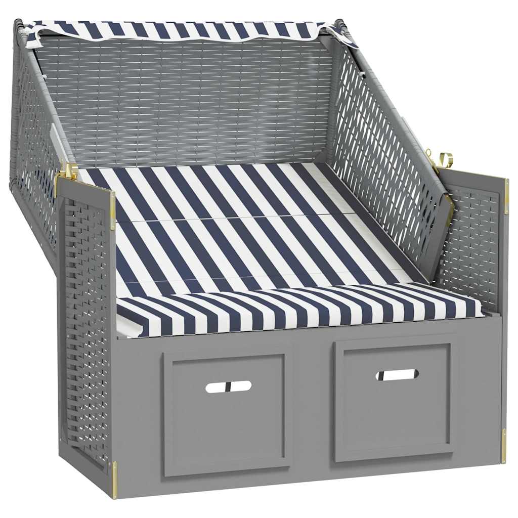 Silla Playa Strandkorb Con Dosel Ratán Pe Y Madera Azul Blanco_3