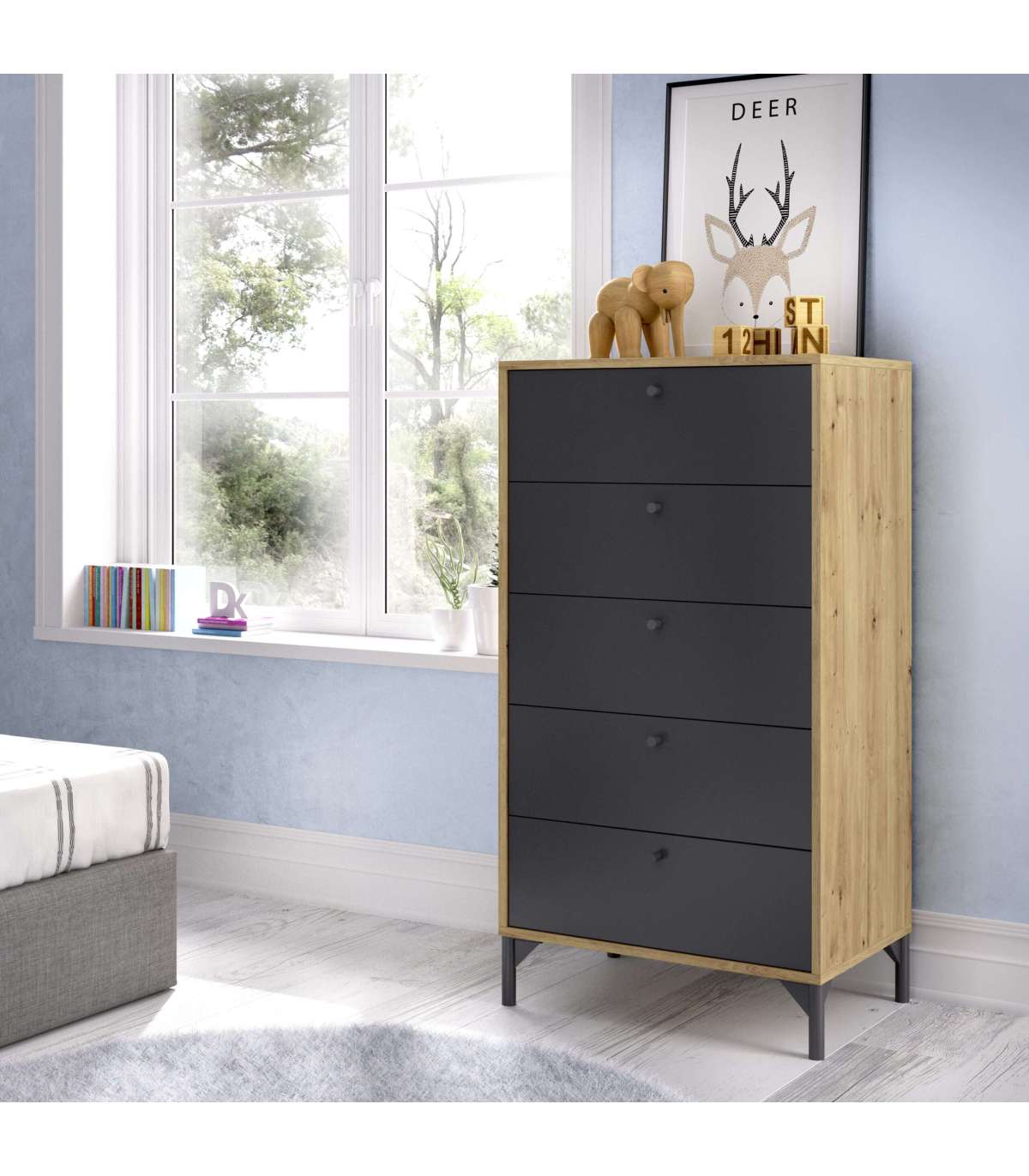 Sinfonier 5 Cajones Terra, Para Dormitorio Acabado Nordic-grafito , Medidas: 60.2 Cm (ancho) X 40 Cm (fondo) 127,2 Cm (alto)._0