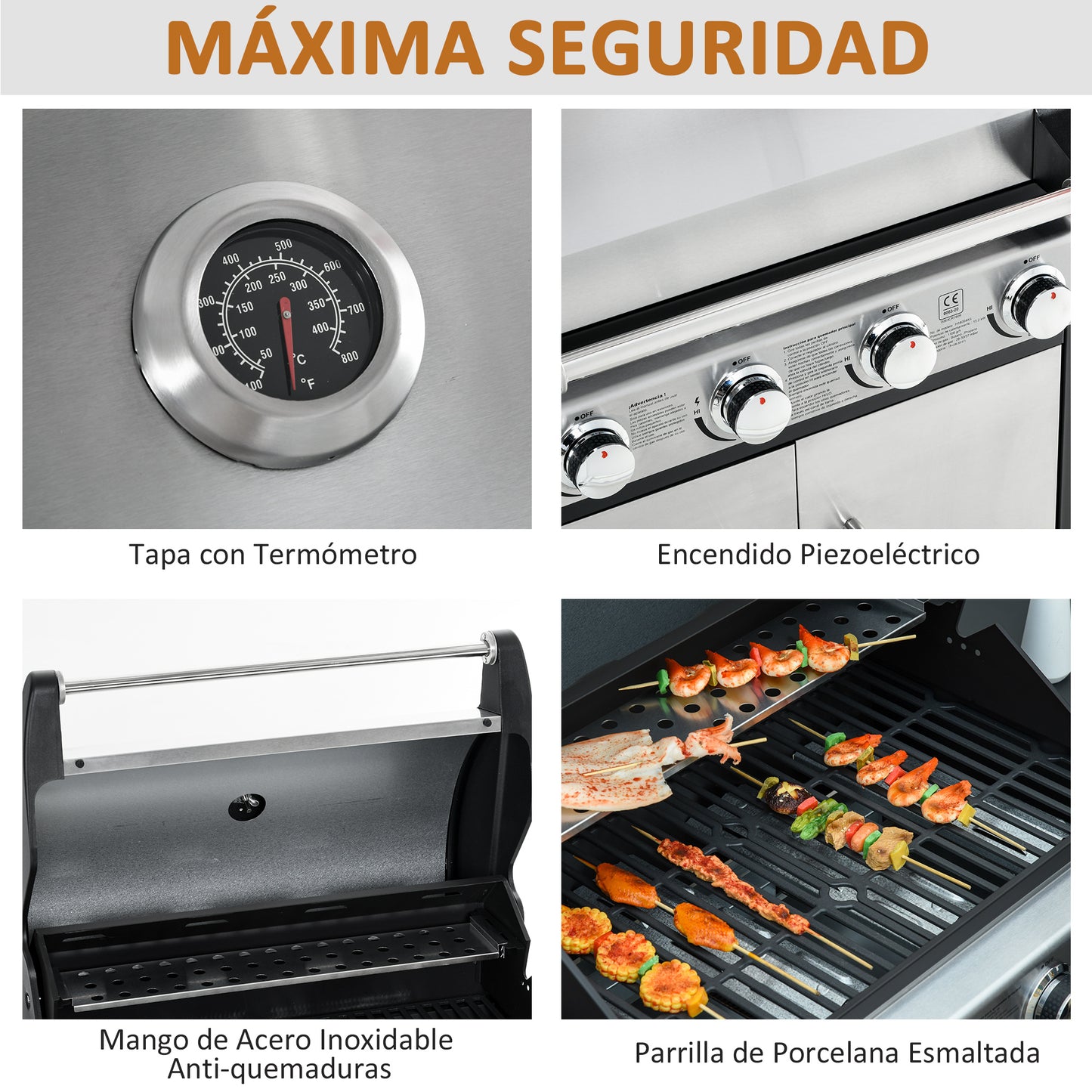 Outsunny Barbacoa De Gas Con Ruedas 5 Quemadores Armario Acero Inox. Bbq 3kw_5