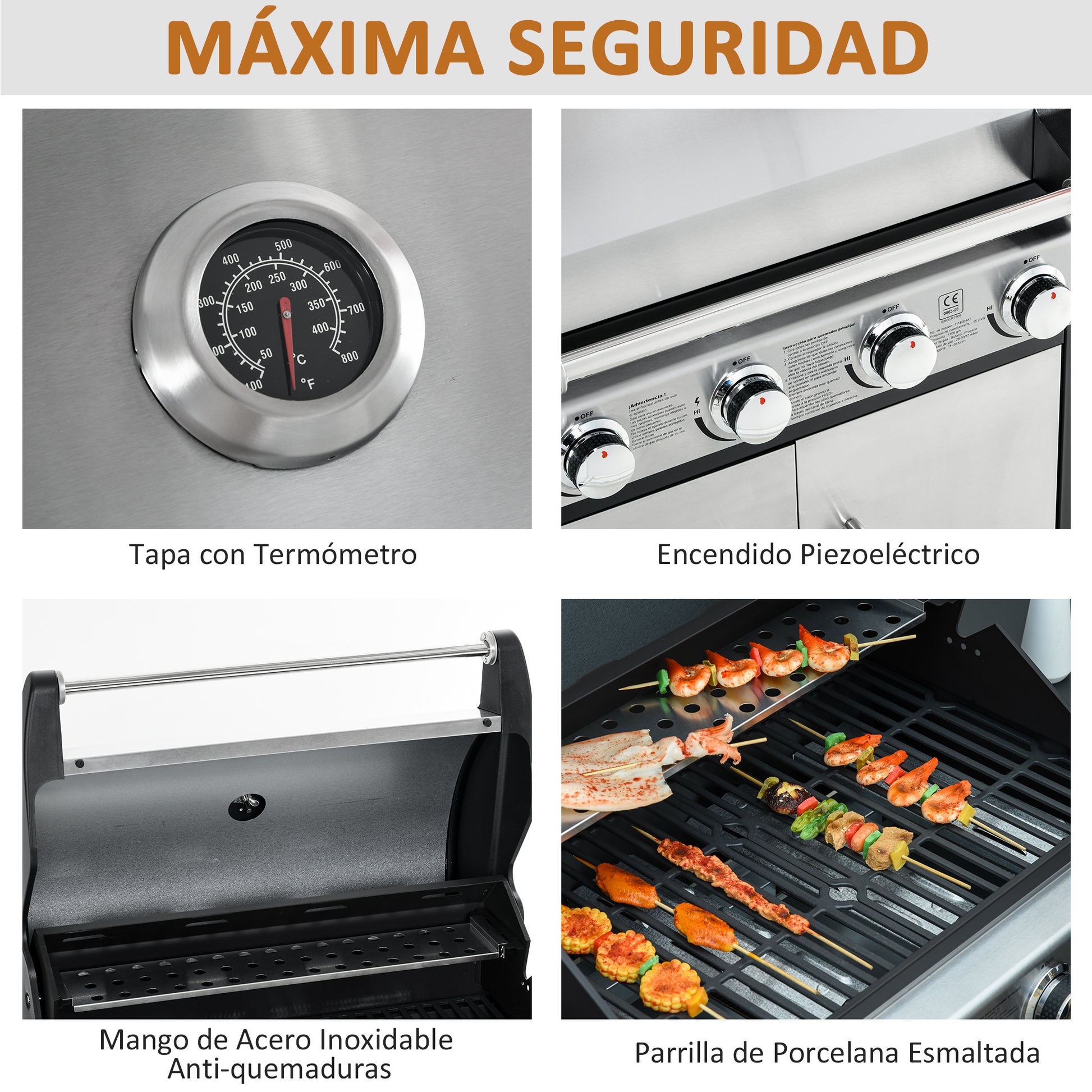 Outsunny Barbacoa De Gas Con Ruedas 5 Quemadores Armario Acero Inox. Bbq 3kw_5