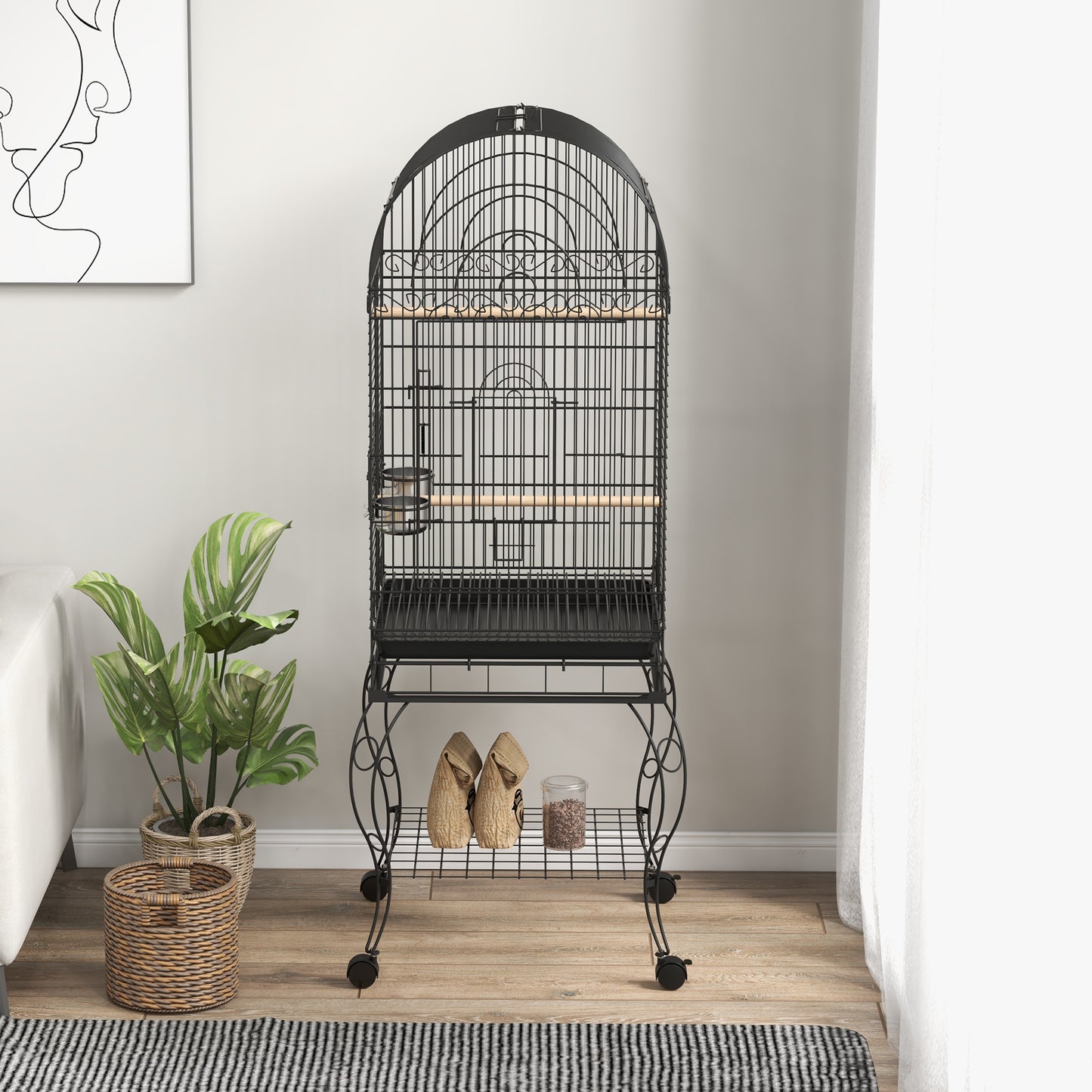 Pawhut Jaula De Pájaros Con Ruedas Bandeja Extraíble 51x51x153 Cm Negro_3