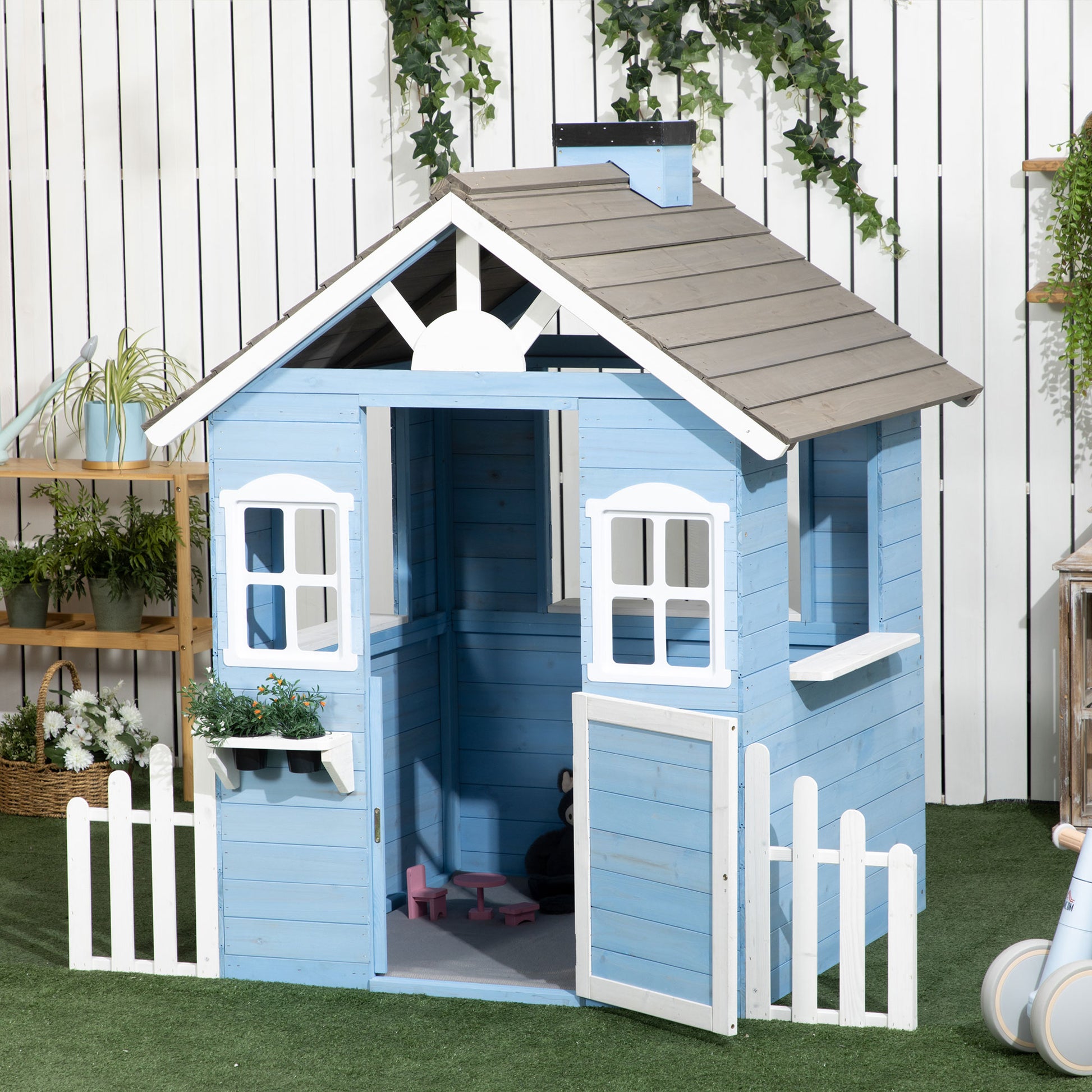Outsunny Casita Infantil De Madera Con Puerta Ventanas Macetas 151x112,5x142 Cm_1