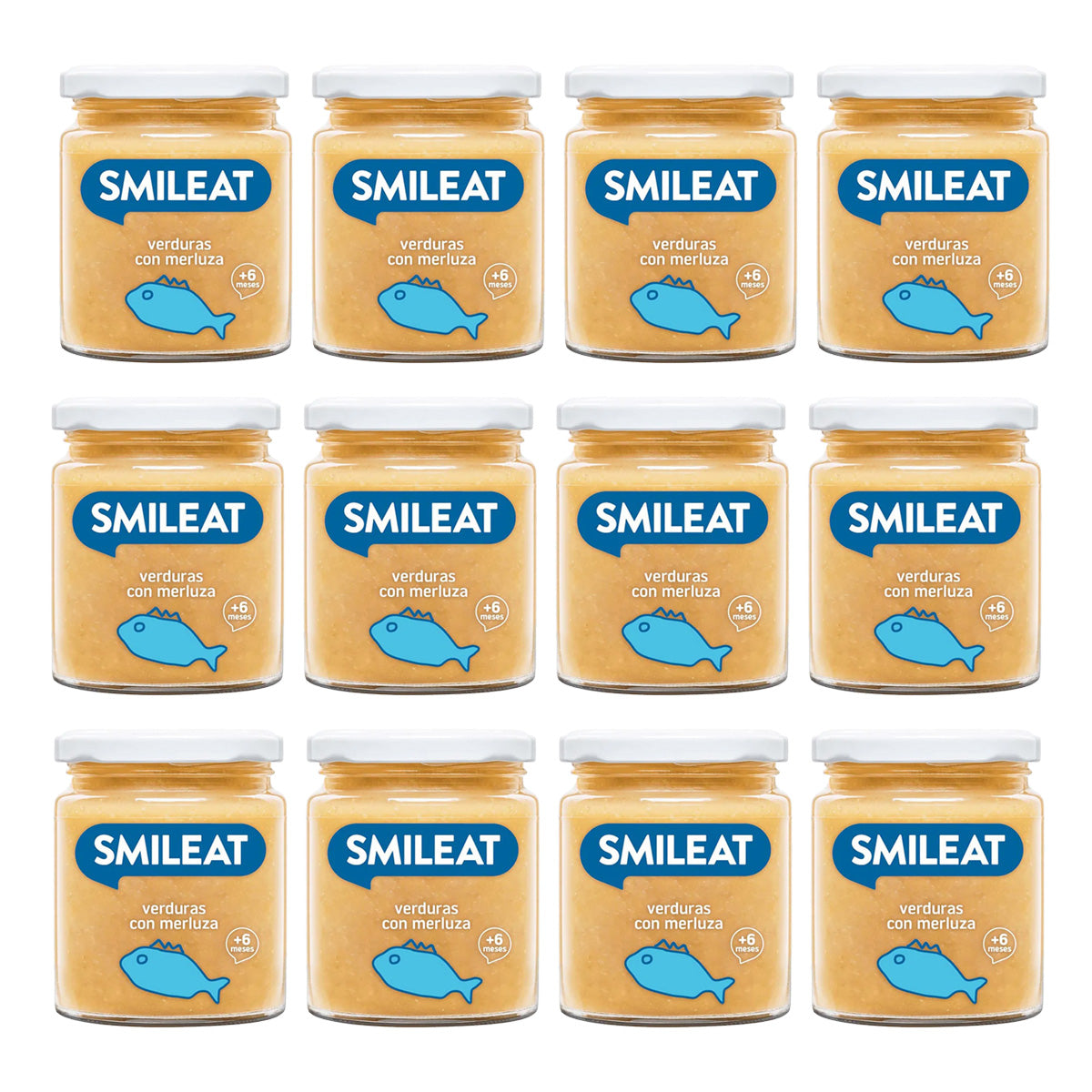 Embalagem de 12 frascos de vegetais e pescada biológica Smileat +6 meses 230g