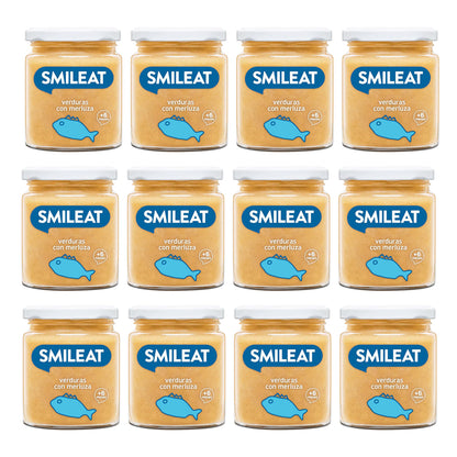 Embalagem de 12 frascos de vegetais e pescada biológica Smileat +6 meses 230g