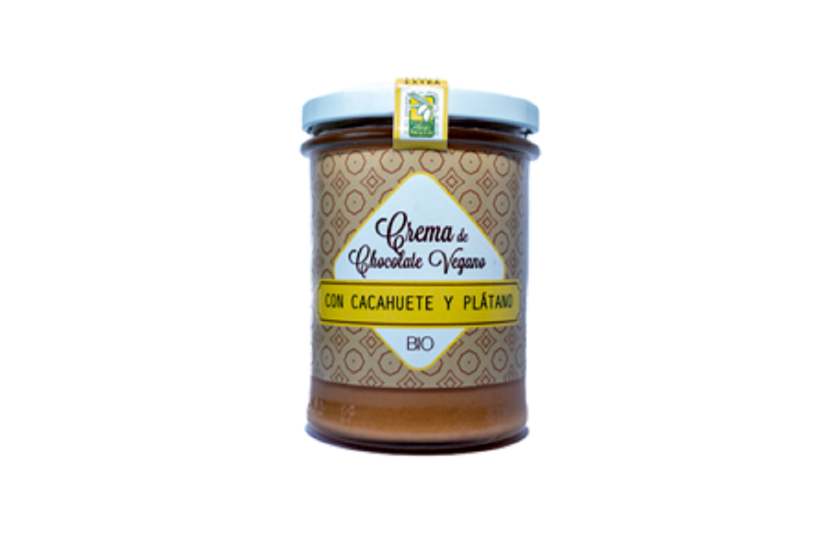 Crema Bio de chocolate vegano para untar. Con cacahuete y platano de la palma_0