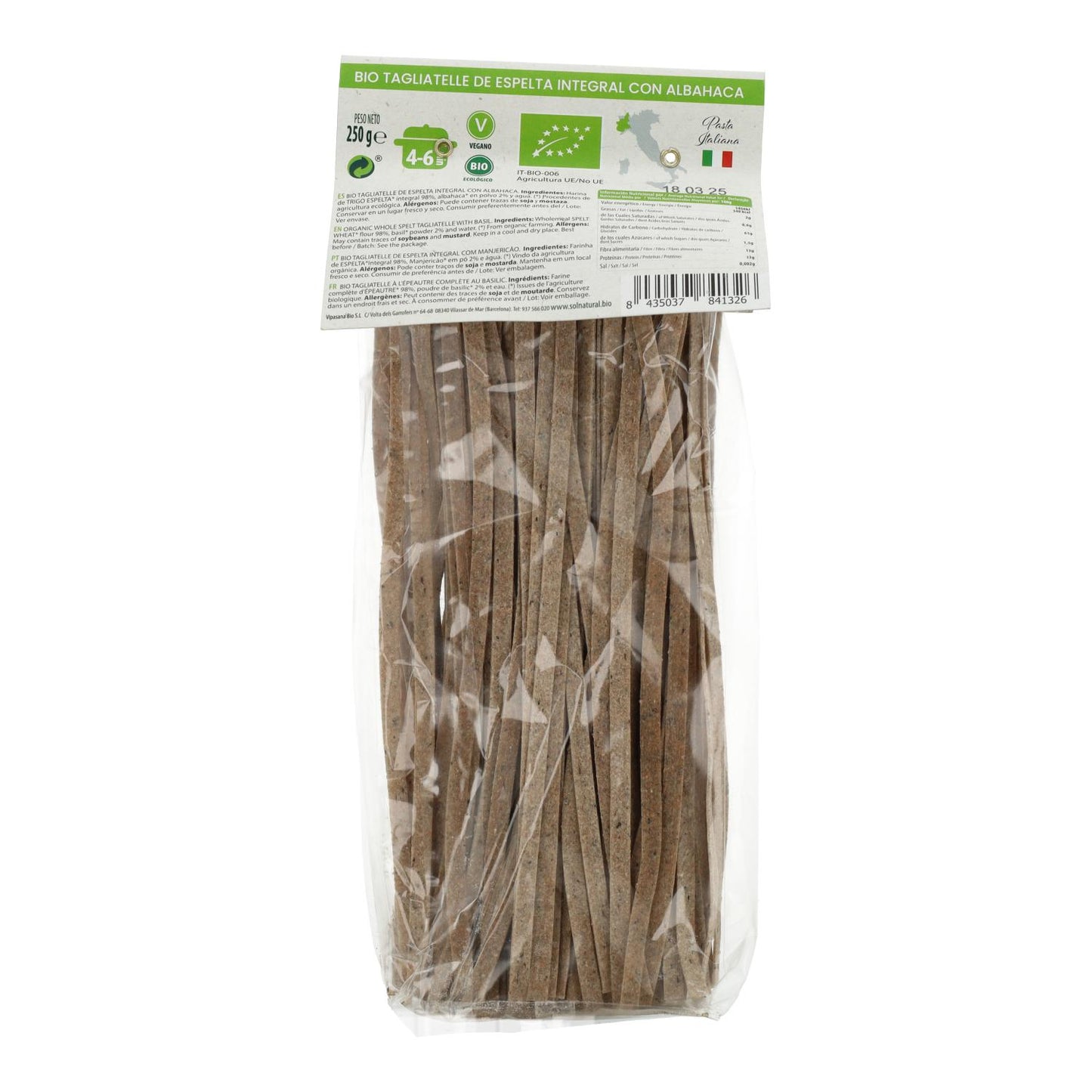 Tagliatelle de Espelta Integral com Manjericão BIO Sol Natural 250g
