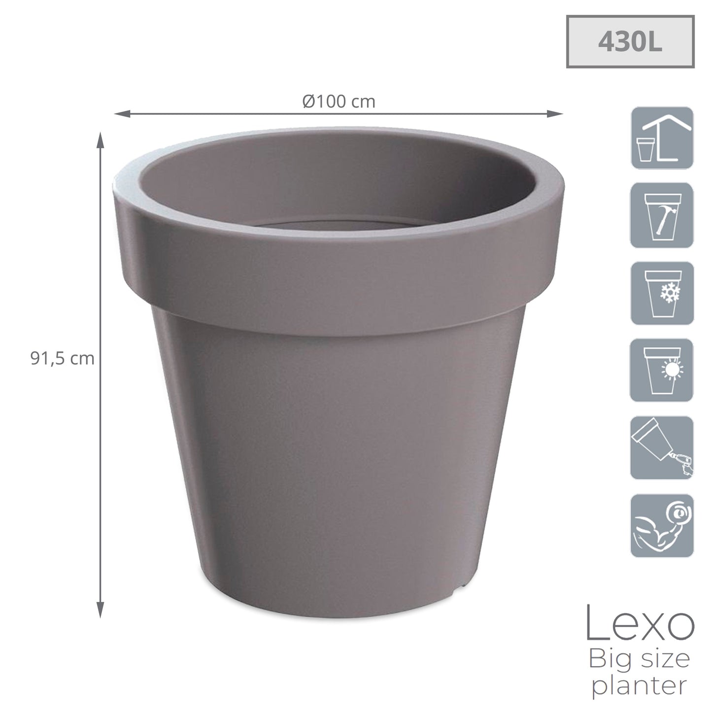 Maceta Lexo Round 430l., Dimensiones (mm) 995x995x915, Color Gris Piedra_2