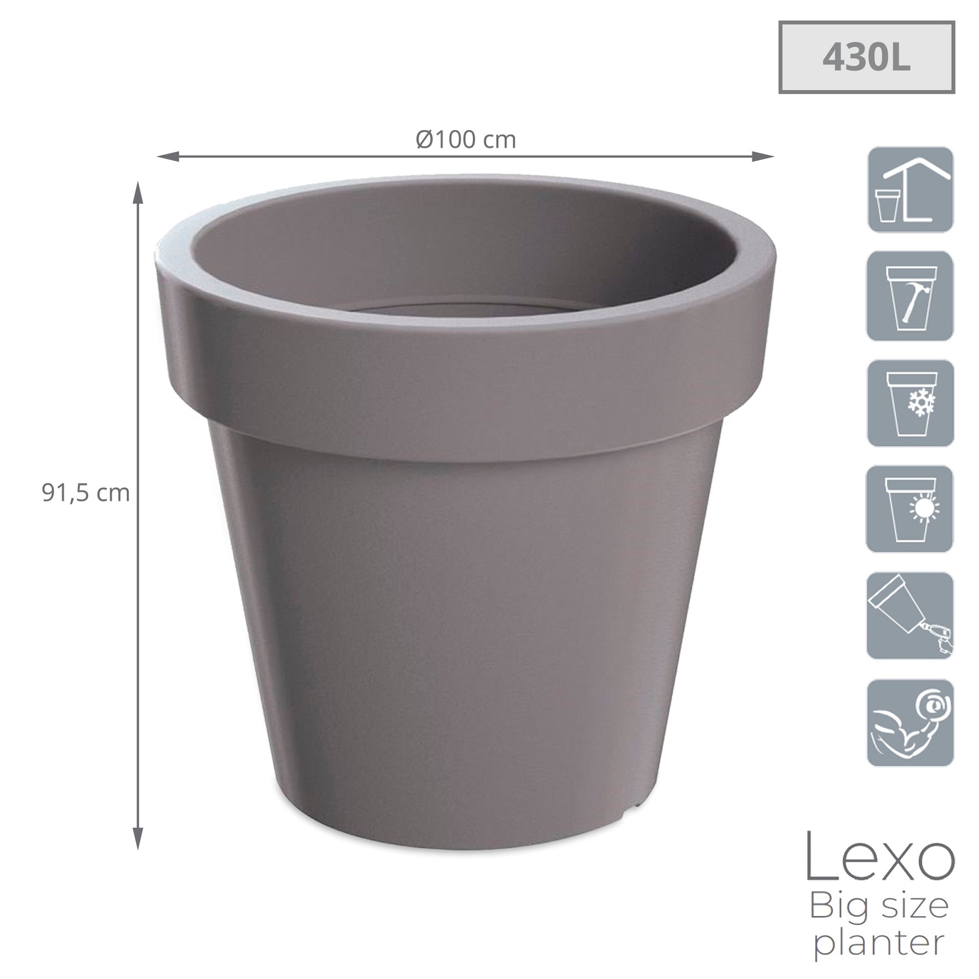 Maceta Lexo Round 430l., Dimensiones (mm) 995x995x915, Color Gris Piedra_2