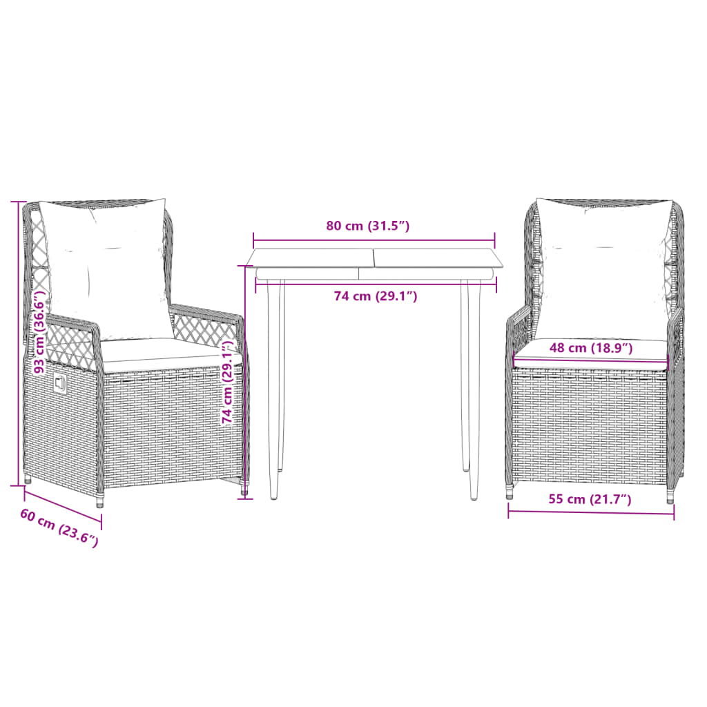 Set Comedor De Jardín 3 Pzas Con Cojines Ratán Sintético Beige / Vetonek_2
