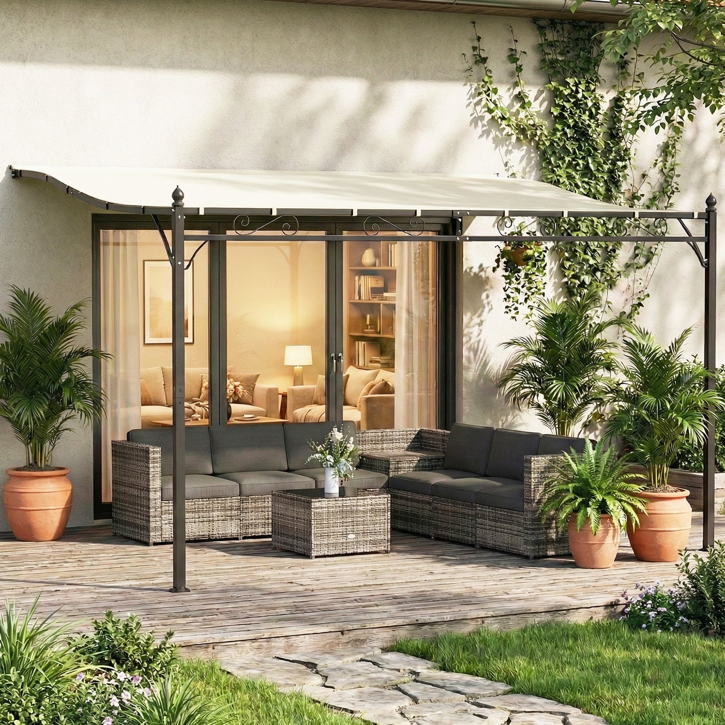 Outsunny Pérgola De Pared 2,5x3,5 M Con Techo Inclinado Marco Metálico Crema_1