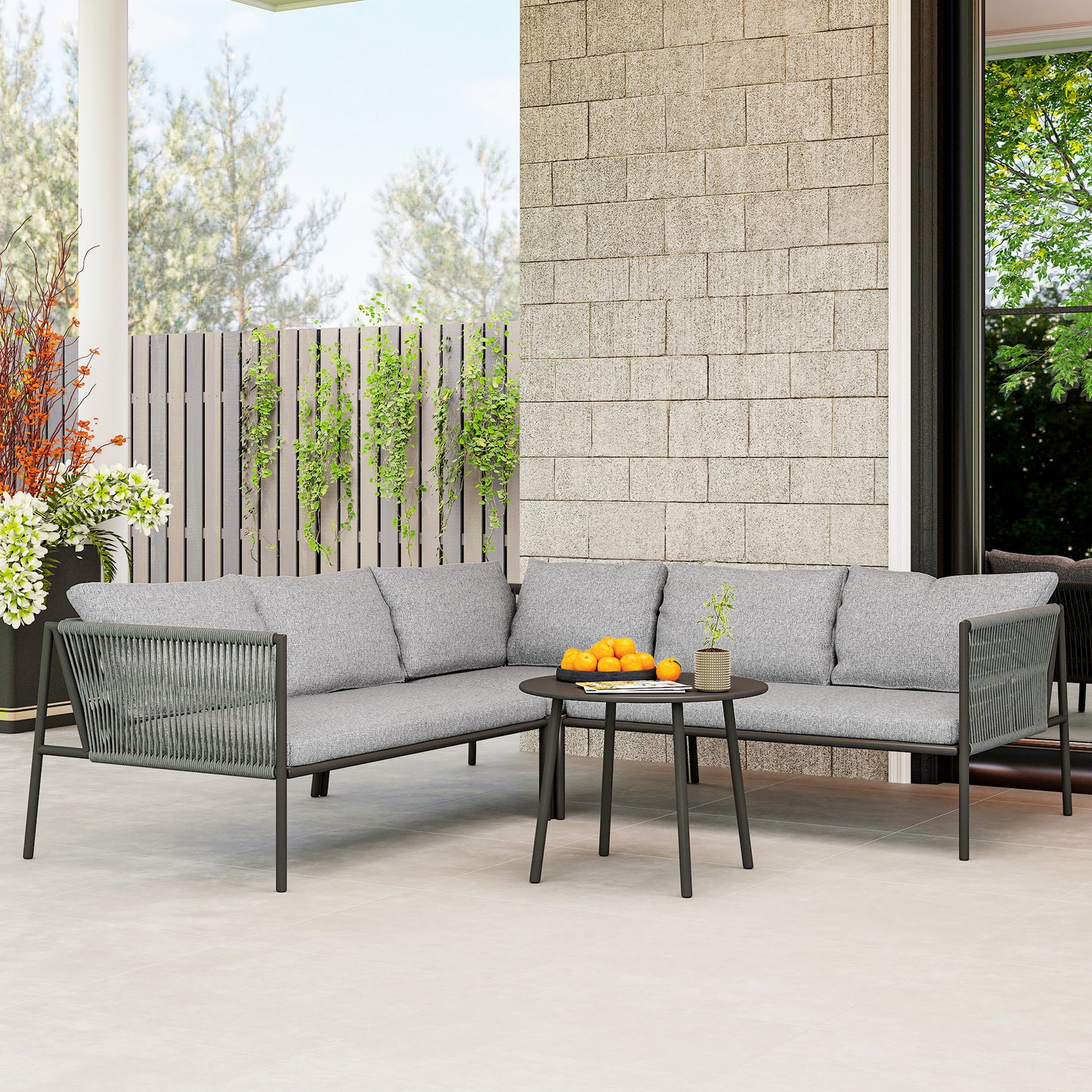Outsunny Conjunto Jardín De Ratán Con 2 Sofás De 2 Plazas Sofá Esquina Mesa Gris_1
