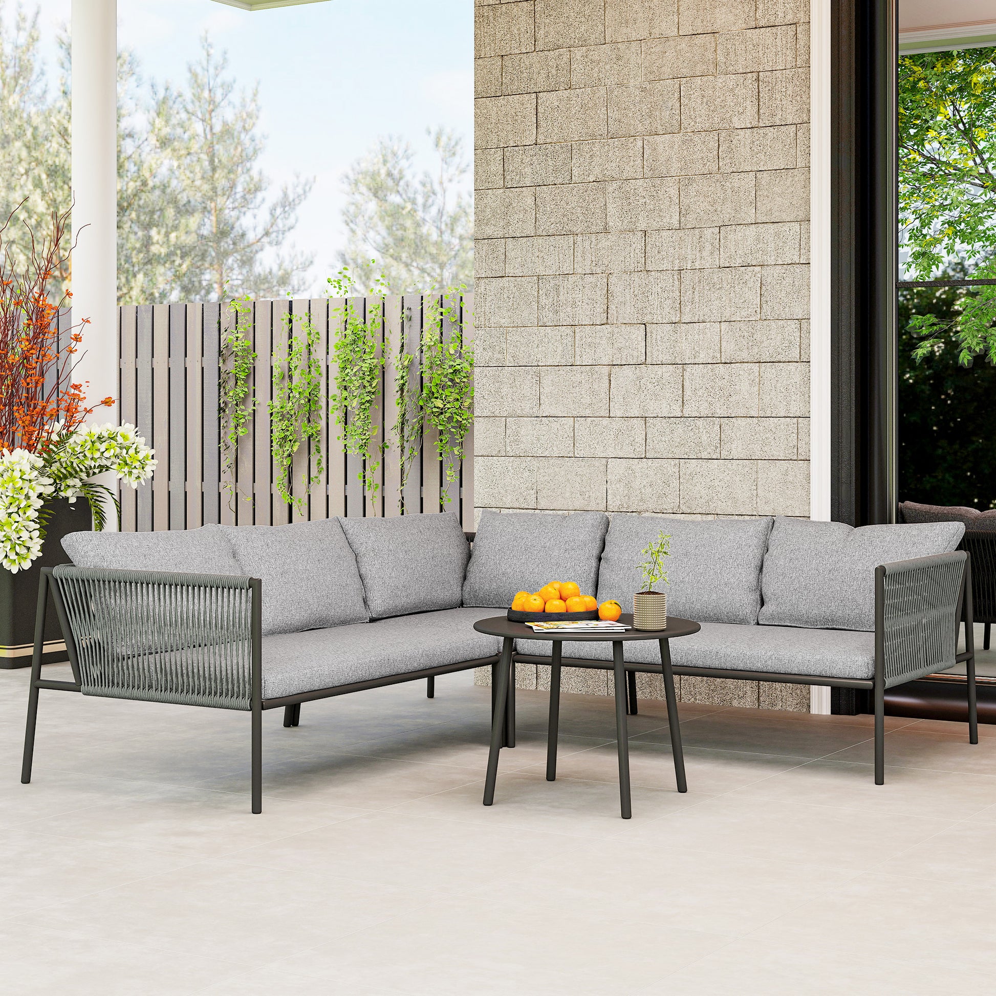 Outsunny Conjunto Jardín De Ratán Con 2 Sofás De 2 Plazas Sofá Esquina Mesa Gris_1