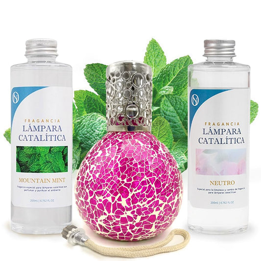 Pack Ahorro Lámpara Catalítica Mosaico Fucsia + Fragancia Mountain Mint 200ml + Limpiador Neutro 200ml + Mecha Repuesto_0