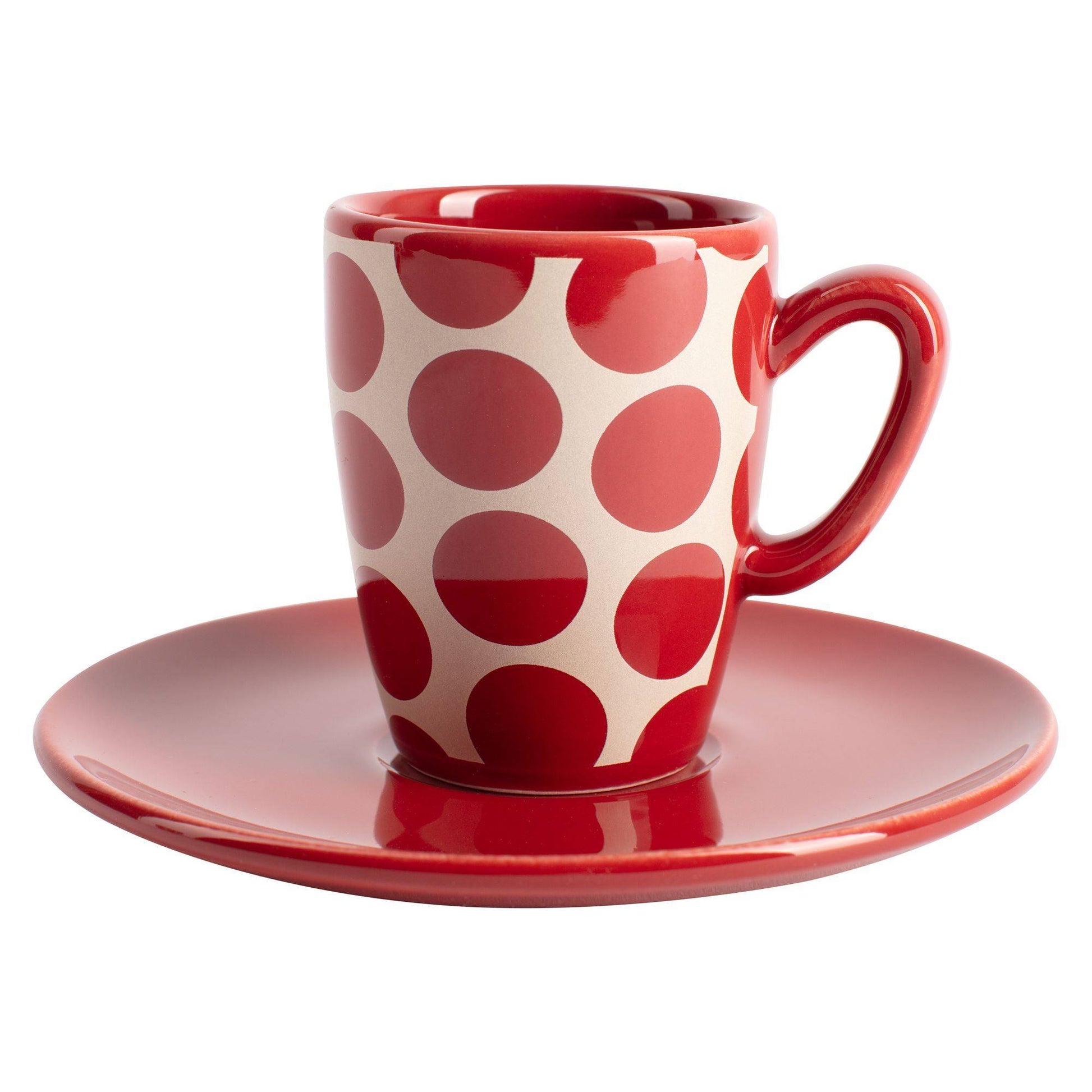 Set De 4pc Café (2 Tazas De 75ml + 2 Platos De Color Solido) Stoneware De Topos Rojos_1