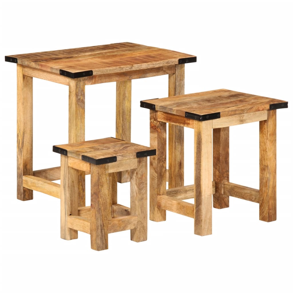 Mesas Apilables 3 Piezas Madera Maciza De Mango Rugosa_0