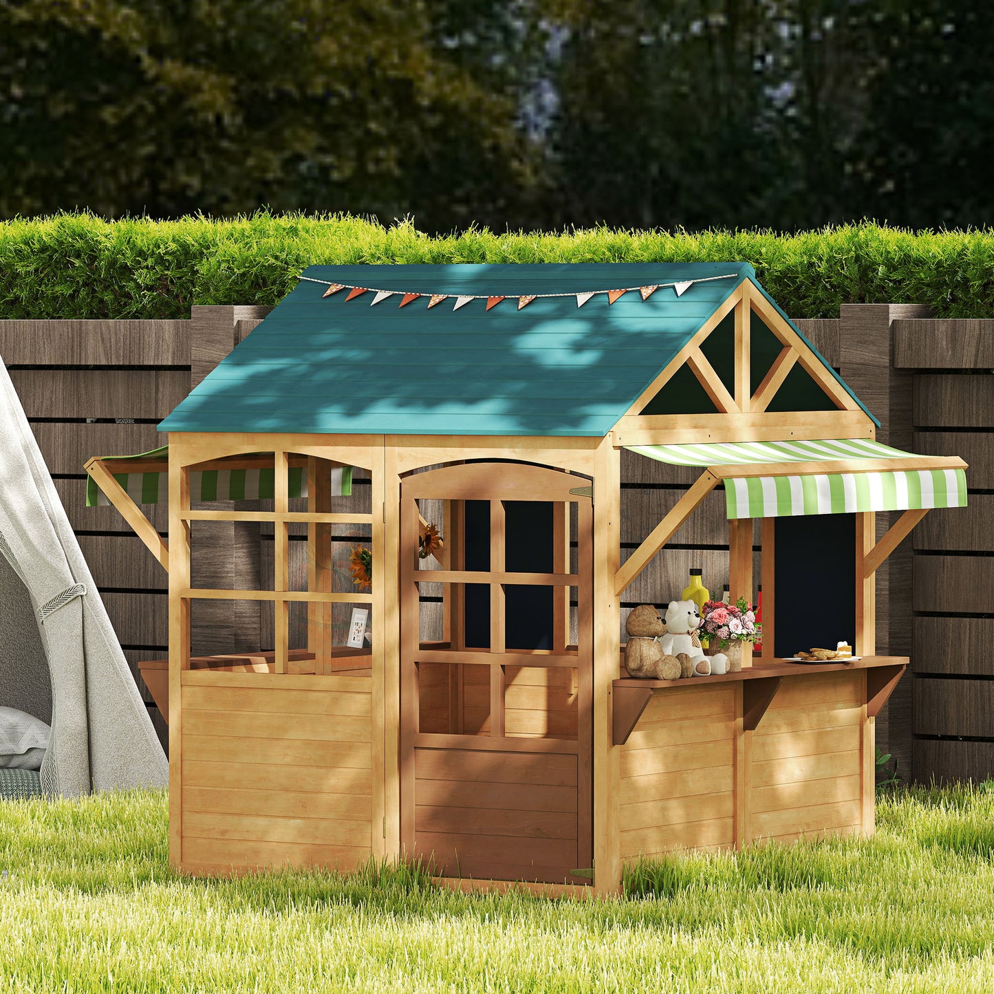 Aiyaplay Casita Infantil Exterior De Madera Con 2 Pizarras Ventanas Natural_1