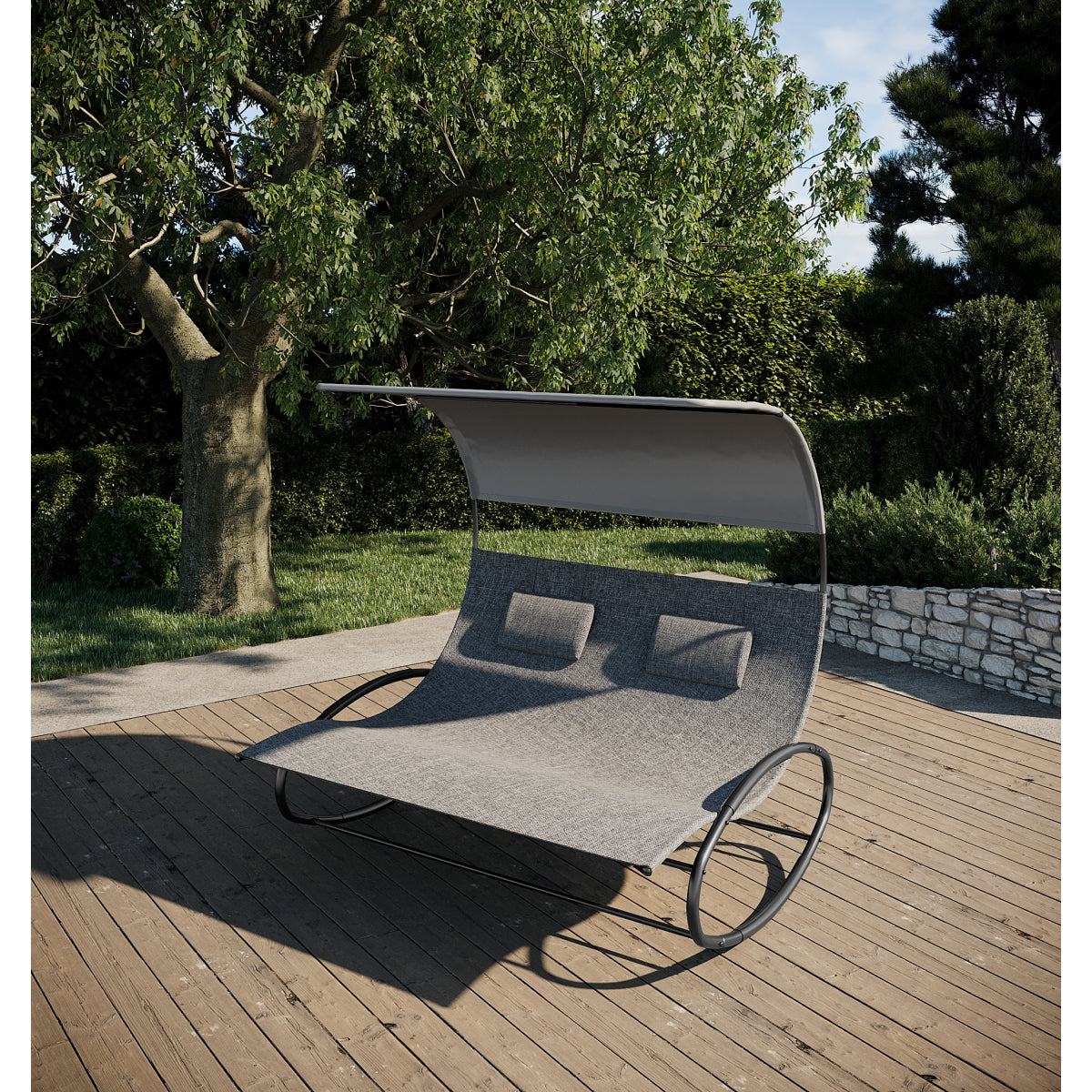 Hamaca De Jardín - Mecedora Doble Con Sombrilla Y Reposacabezas Gris 2 Personas Texaline 2x2 Y Acero - Muebles De Jardín - 136x165xh170cm_4