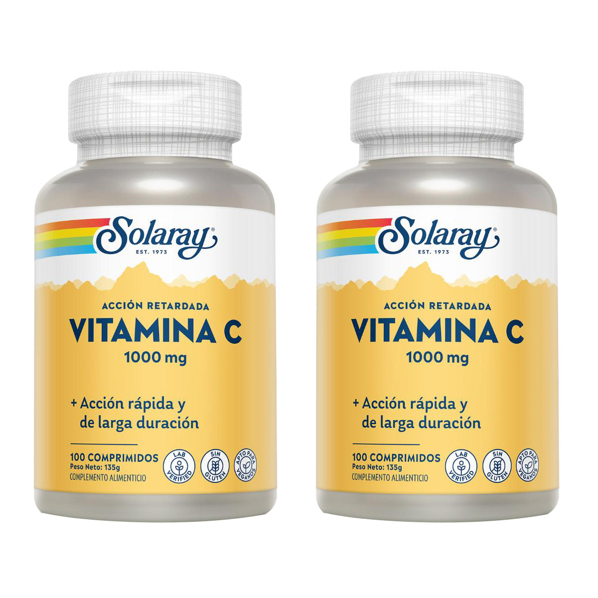 Embalagem de 2 comprimidos de vitamina C 1000 mg A/R Solaray 100 comprimidos 