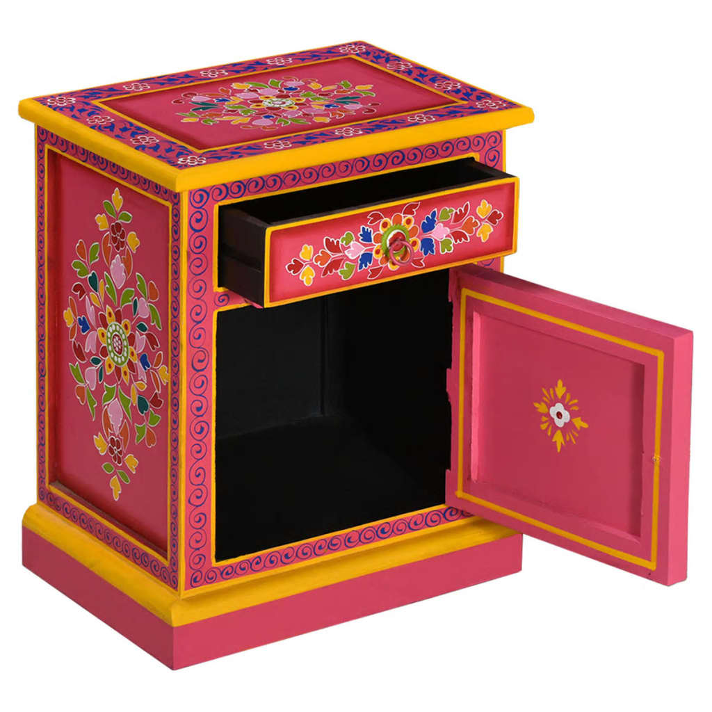 Mesita De Noche De Madera Maciza De Mango Rosa Pintada A Mano_0