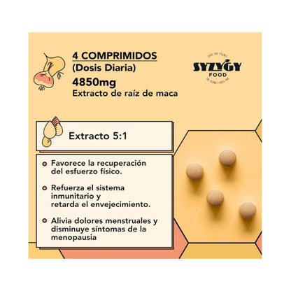 Extrato puro de Maca Andina Biológica, 250 comprimidos. SYZYGY FOOD