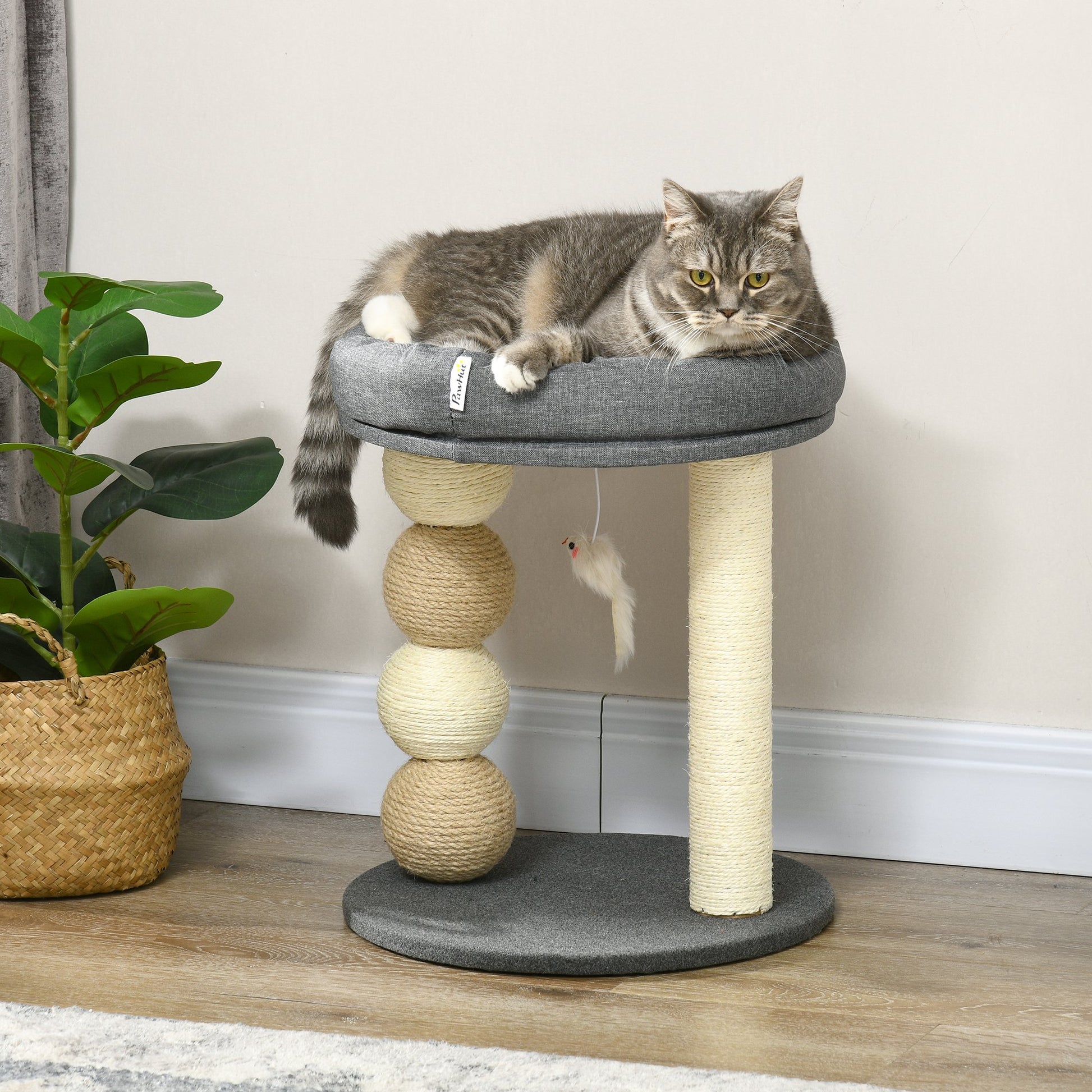 Pawhut Árbol Rascador Para Gatos Pequeño Con Nido 4 Bolas Ø40x48 Cm Gris Y Beige_1