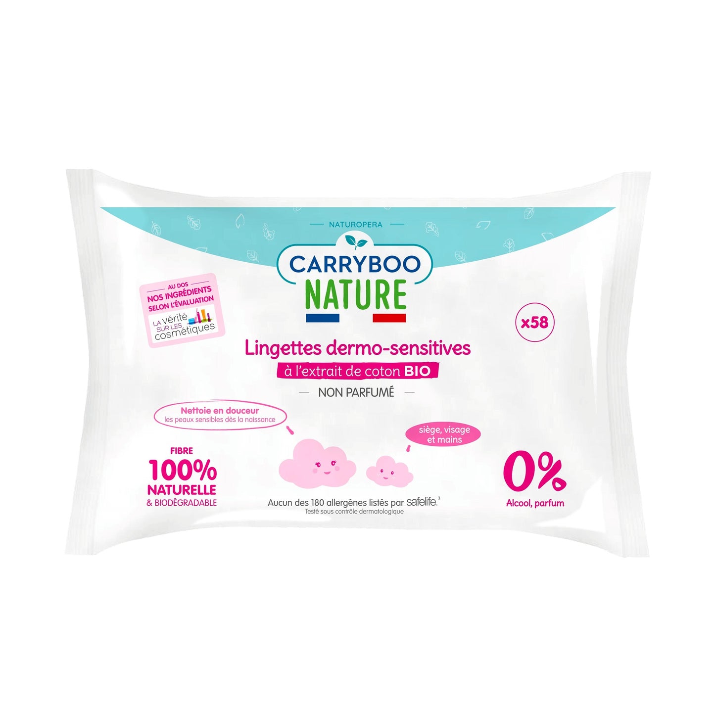 CARRYBOO - Toalhitas húmidas dermo-sensíveis com extrato de algodão orgânico - Embalagem de 58