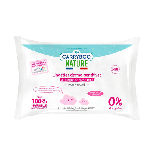 CARRYBOO - Toalhitas húmidas dermo-sensíveis com extrato de algodão orgânico - Embalagem de 58