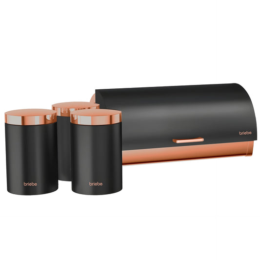 Panera De Mesa +juego 3 Botes Cocina Almacenaje Acero Inoxidable Contenedor De Pan Con Tapa, Briebe, Bb1161, Negro Mate/oro Rosa