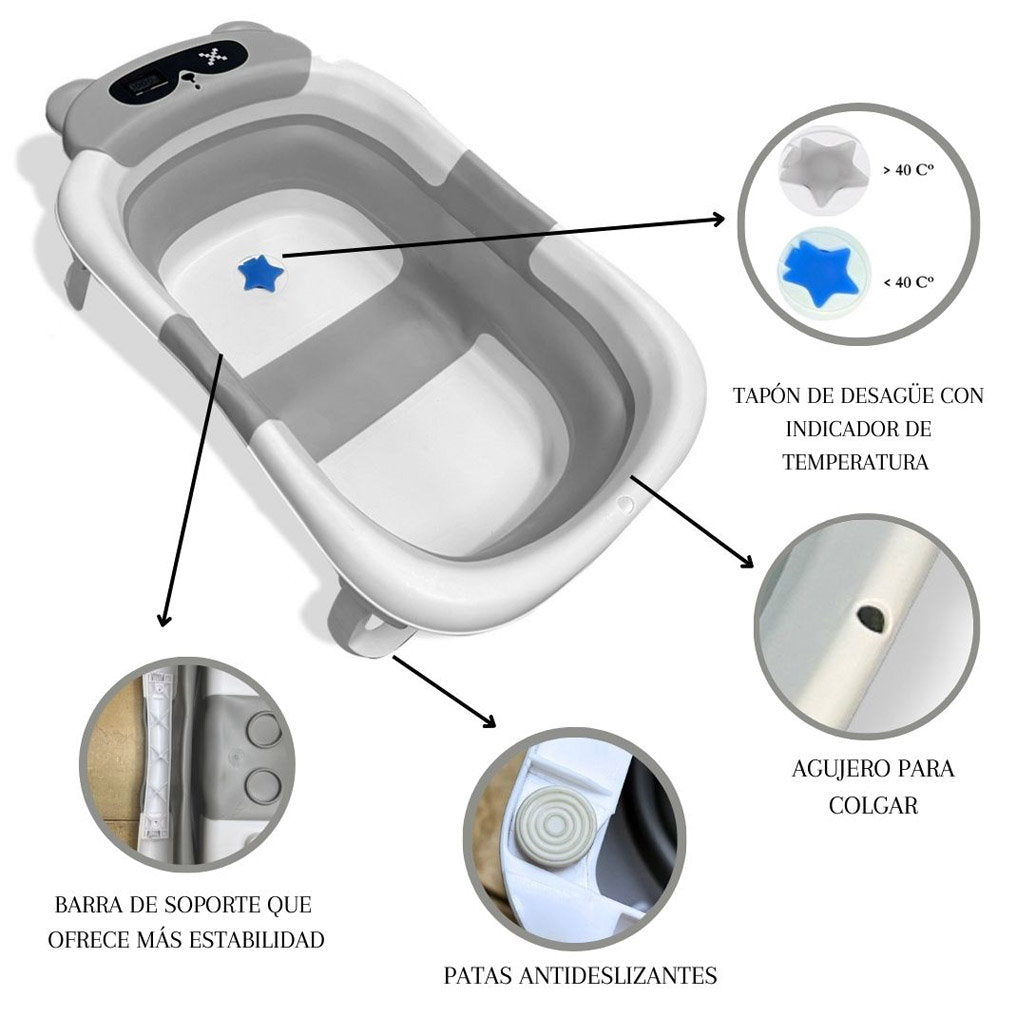 Bathby Bañera Plegable Para Bebés Recién Nacidos, Cojín Oso, Termómetro, Patas Antideslizantes (gris Oso)_3