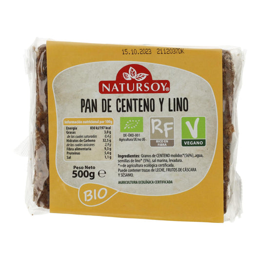 Pão de Centeio e Linho Biológico, 500 g. Natursoy