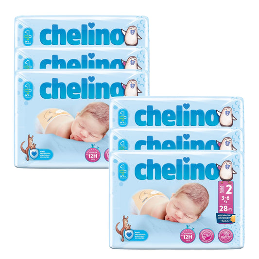 Embalagem de 6 Fraldas T2 Recém-Nascido (3-6 kg) 28 unidades, Chelino