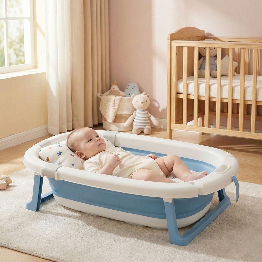 Bathby Bañera Plegable Azul Para Bebés, Cojín Reductor, Termómetro, Patas Antideslizantes (azul Pastel)_1