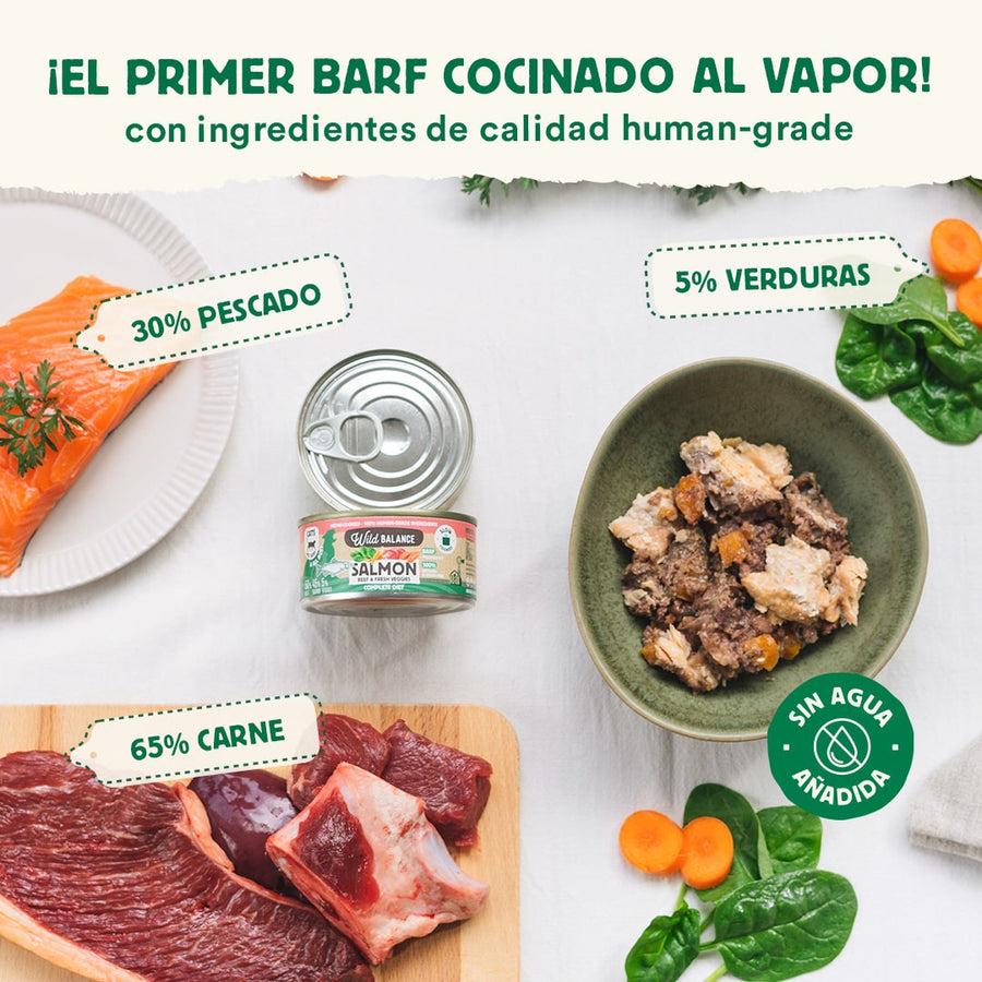 Ração enlatada BARF Wild Balance Salmão e Carne para gatos 6 x 120 g