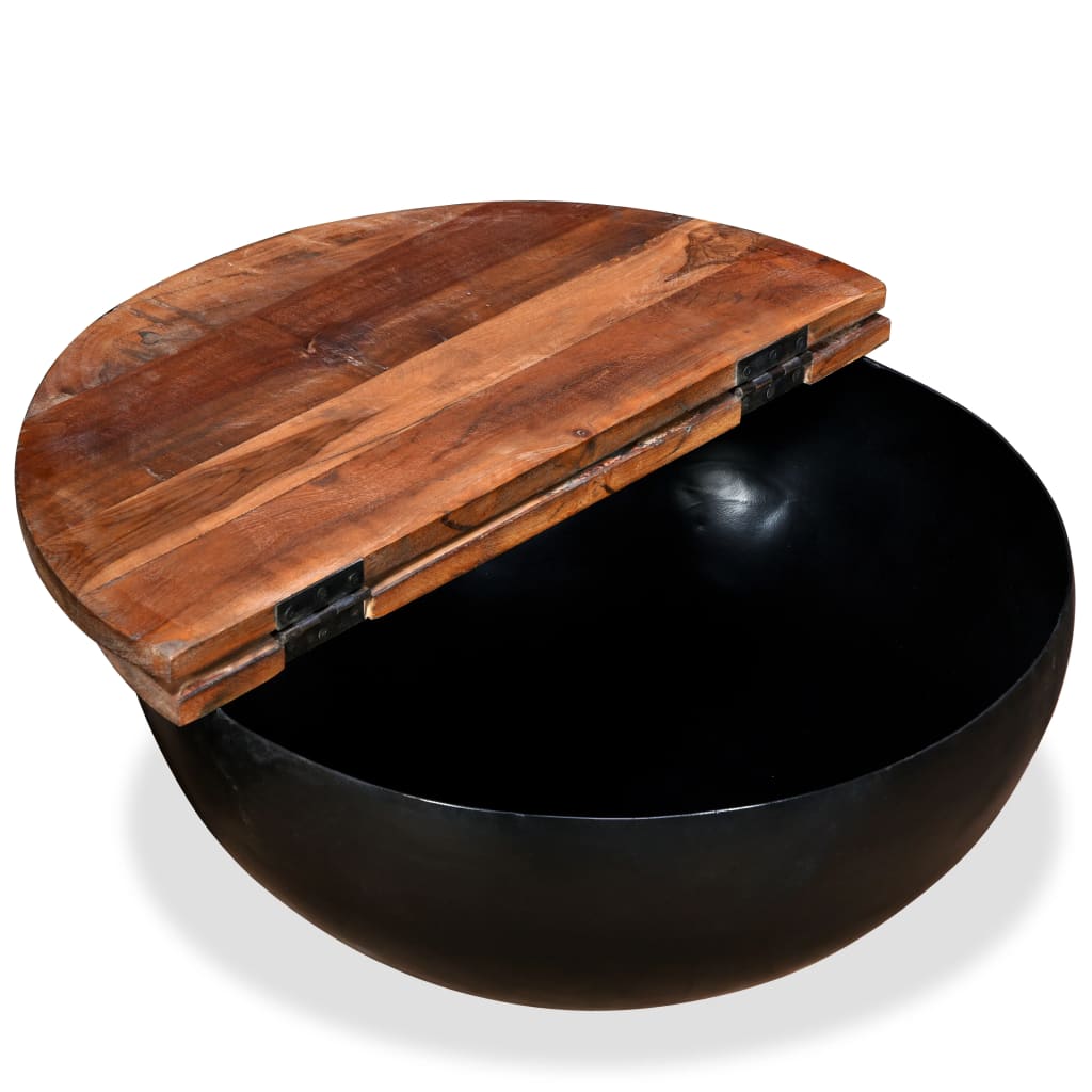Mesa De Centro De Madera Maciza Reciclada Negra En Forma De Bol_1