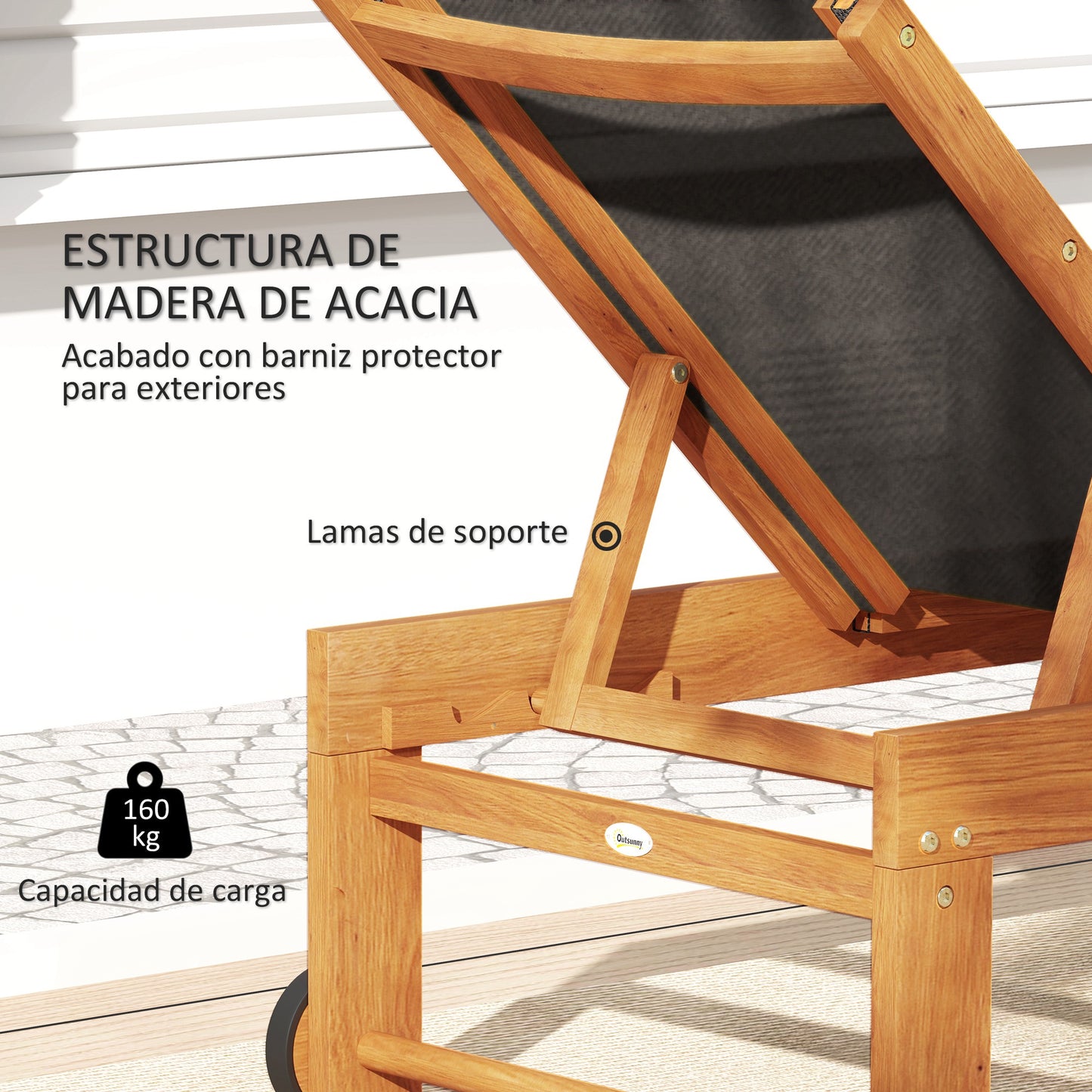 Outsunny Juego De 2 Tumbonas De Madera Con Ruedas Respaldo Ajustable Negro_5