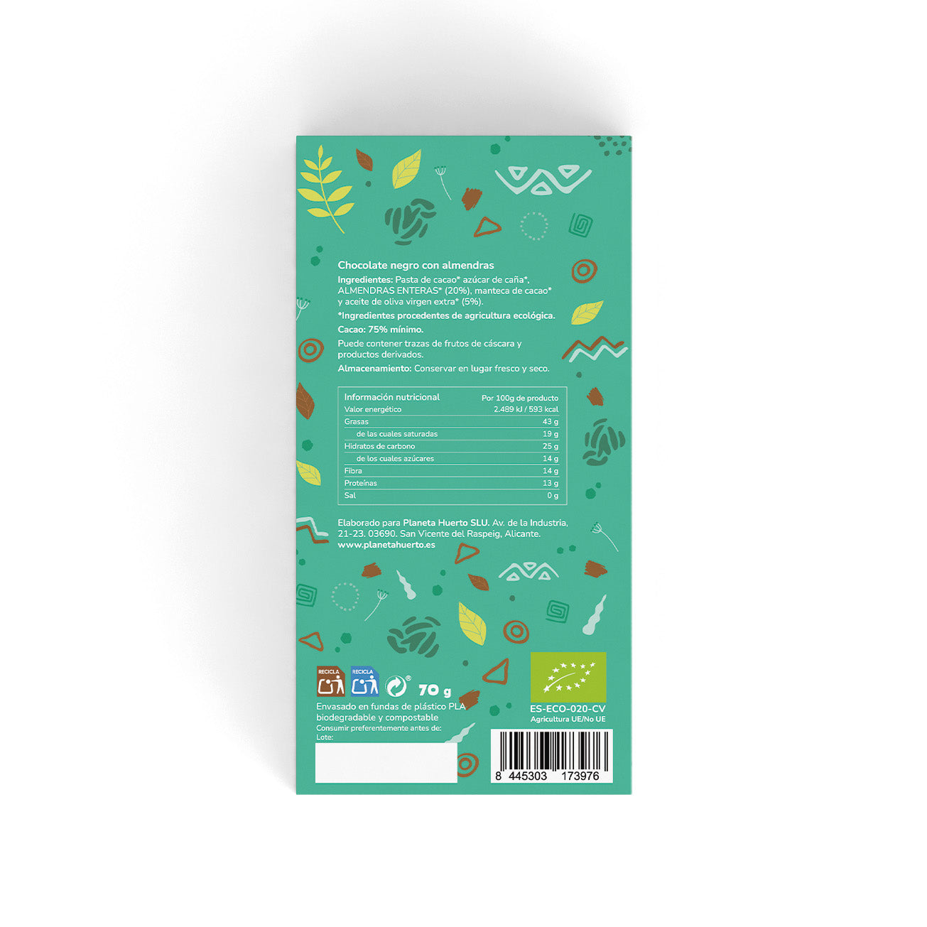 Barra de chocolate negro 75% com amêndoas ECO Planeta Huerto 70 gr