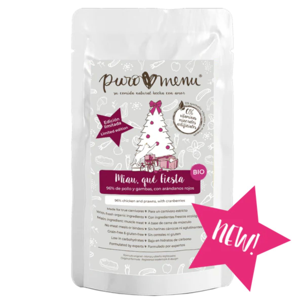 Comida húmeda Barf gatos Menú Miau qué Fiesta (Pollo y gambas) BIO Puromenu 100 g