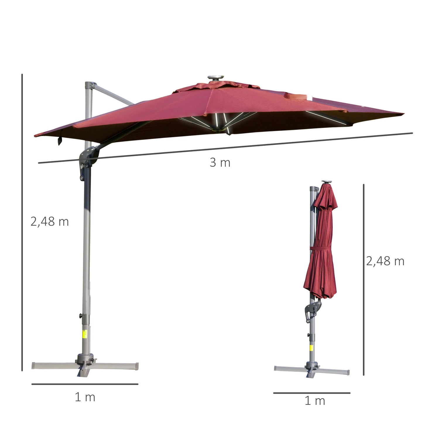 Outsunny Sombrilla De 300 Cm Luces Led Protección Uv 50+ Giratorio Con Manivela_2
