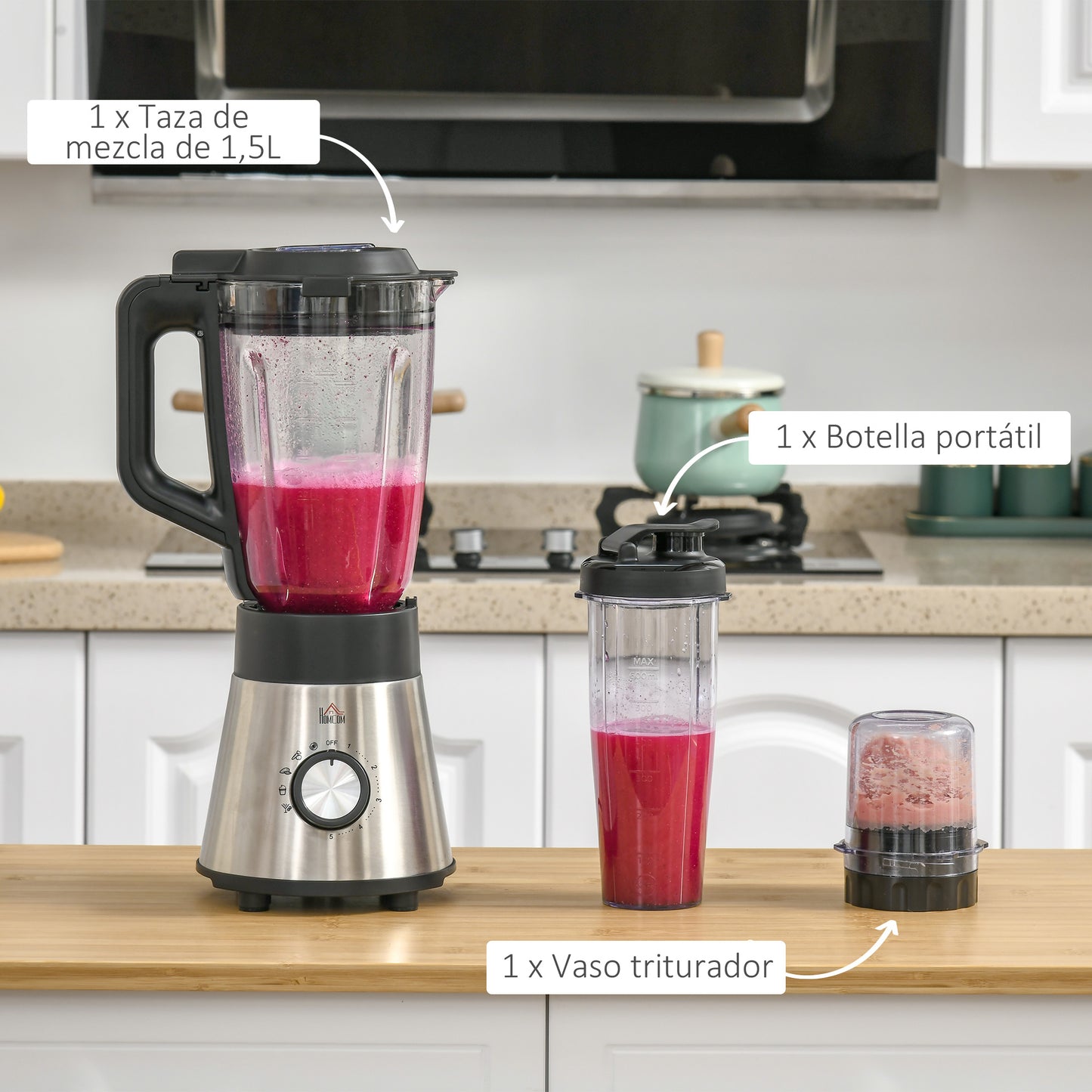 Homcom Batidora Vaso 1000w Jarra De 1.5l 4 Programas Y 5 Velocidades Ajustables_5