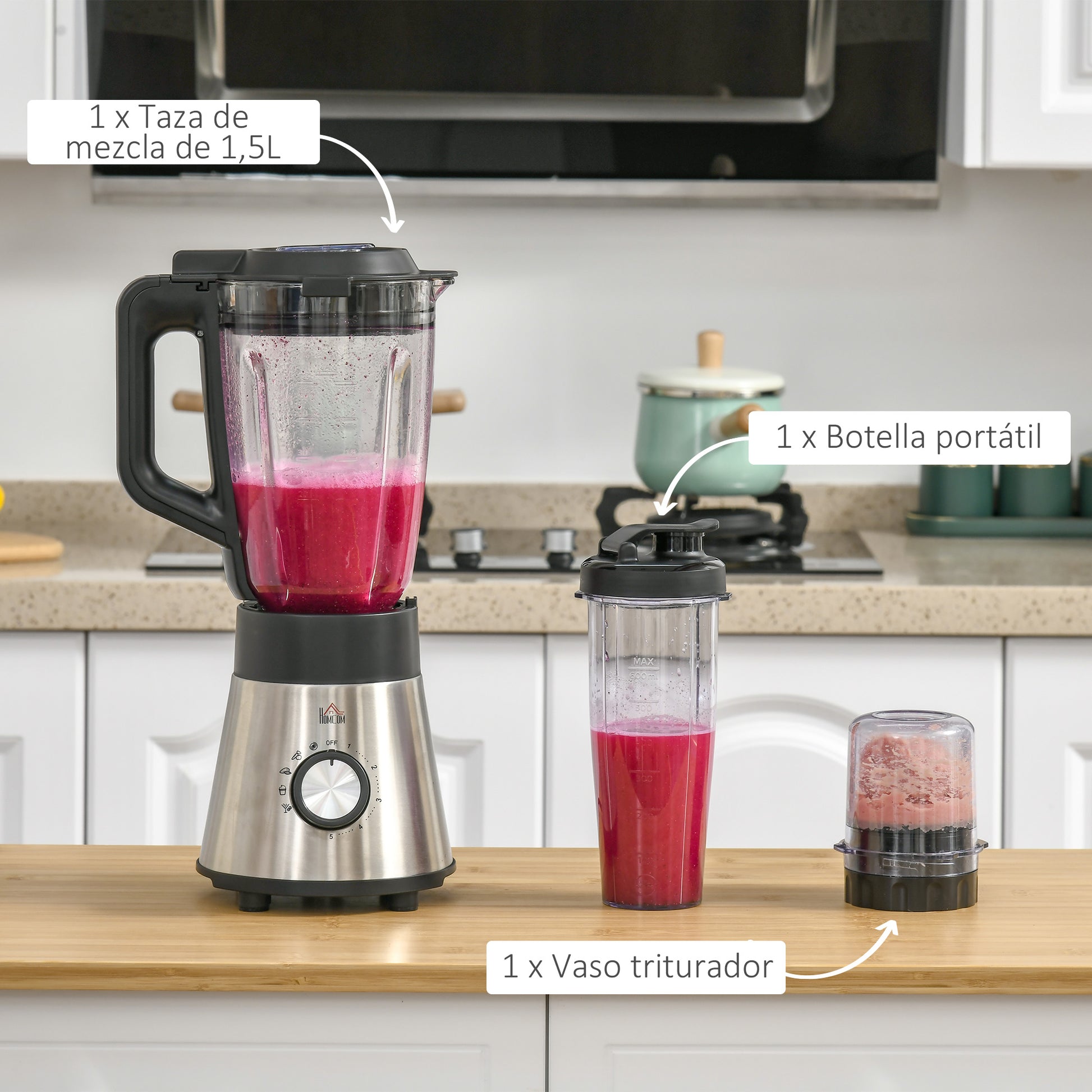 Homcom Batidora Vaso 1000w Jarra De 1.5l 4 Programas Y 5 Velocidades Ajustables_5