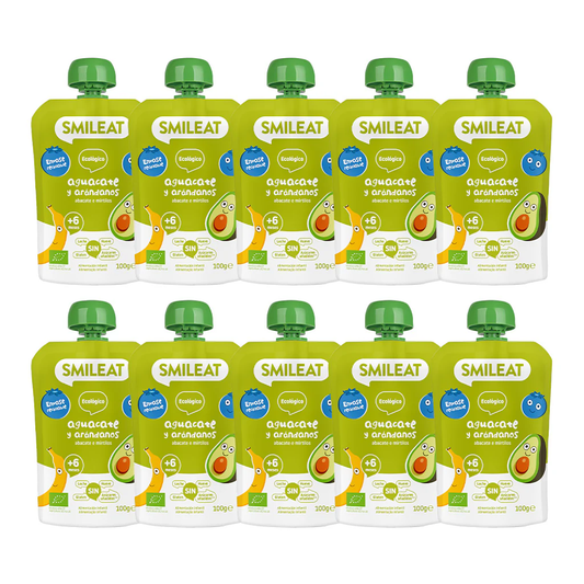 Embalagem de 10 saquetas Smileat ECO de abacate e mirtilo, 100g