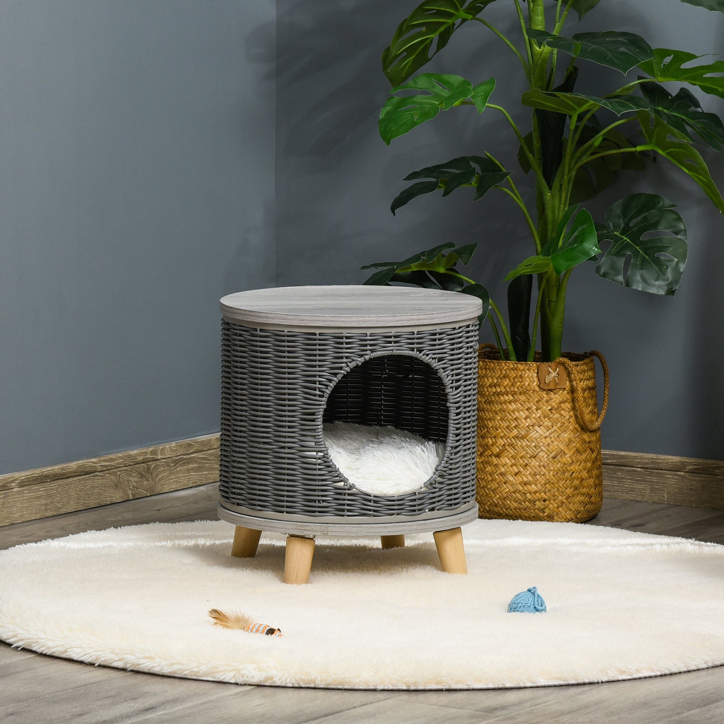 Pawhut Cueva Para Gatos Ratán Ø36x40,5cm Cojín Lavable Patas De Madera Extraíble_4