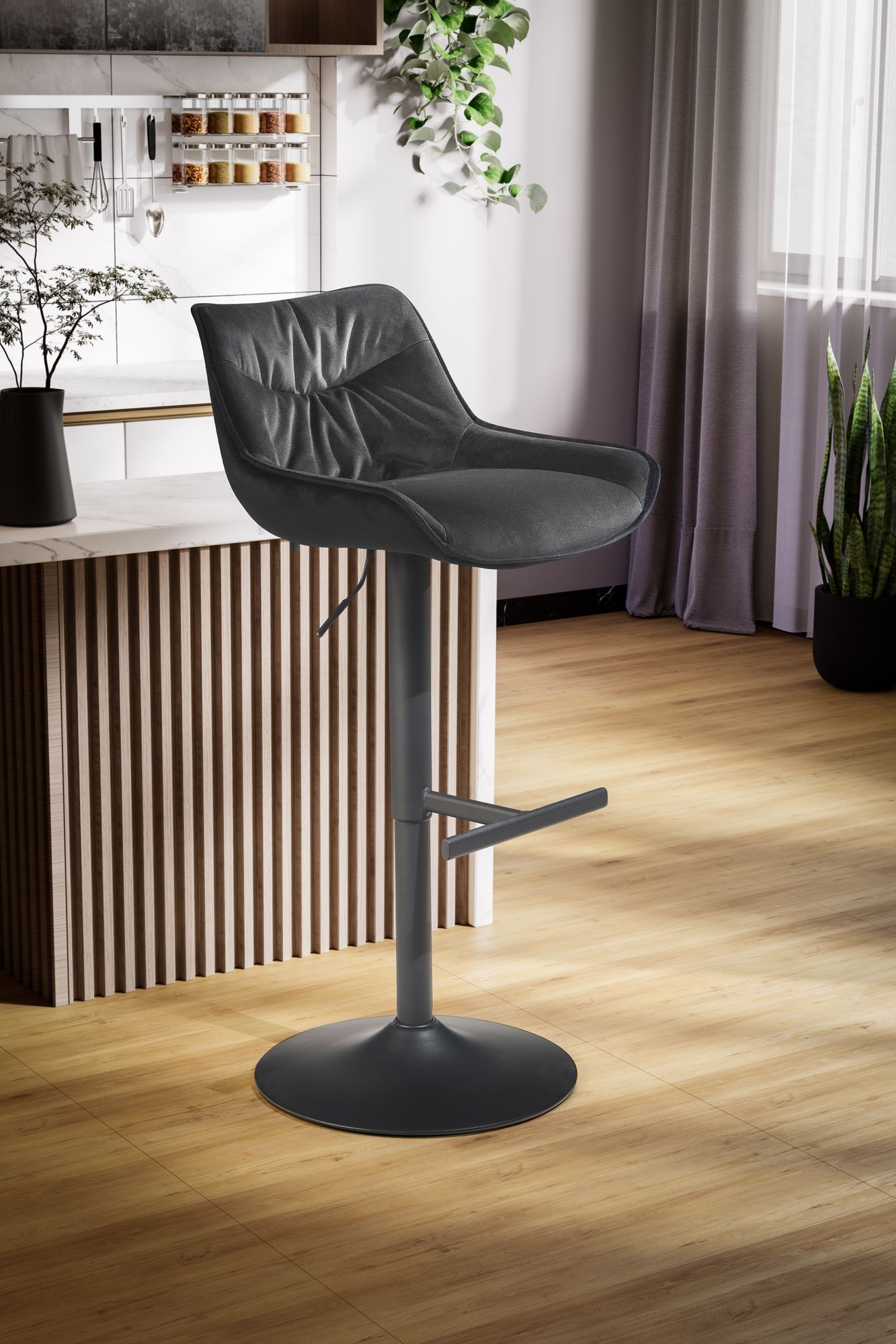 Taburete De Bar Terciopelo Negro Con Respaldo 86 - 106 Cm_2