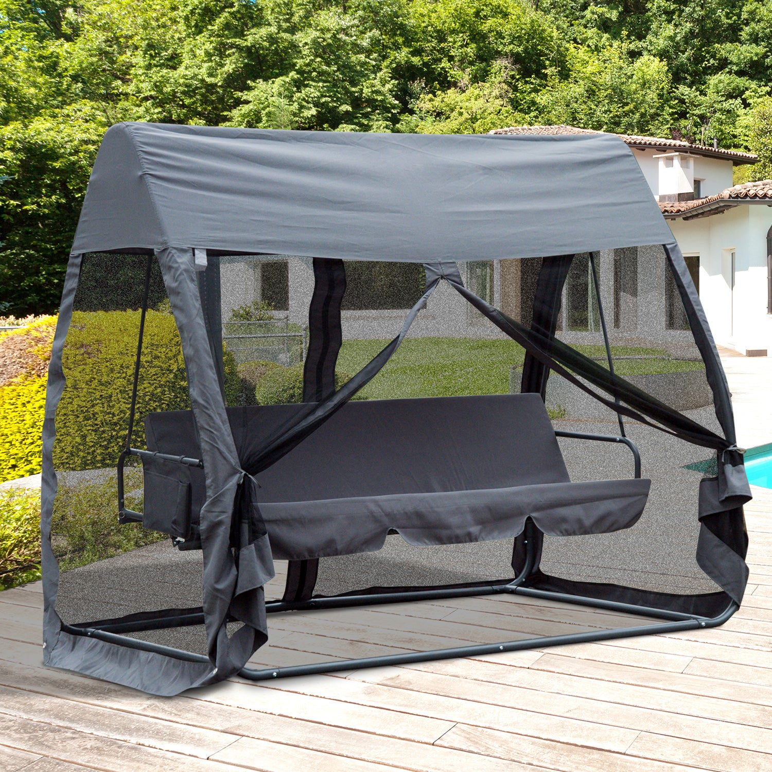 Outsunny Columpio Jardín 3 Plazas Convertible En Cama Con Mosquitera Puertas_1