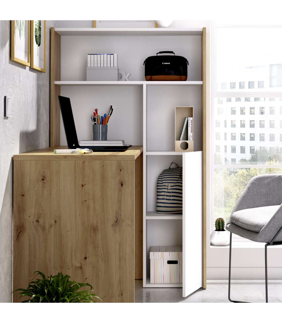 Mesa De Despacho Roc Con Estanteria 1 Puerta Acabado Blanco Nordic 138.5 Cm(alto)110.6 Cm(ancho)81.8 Cm(fondo)_1