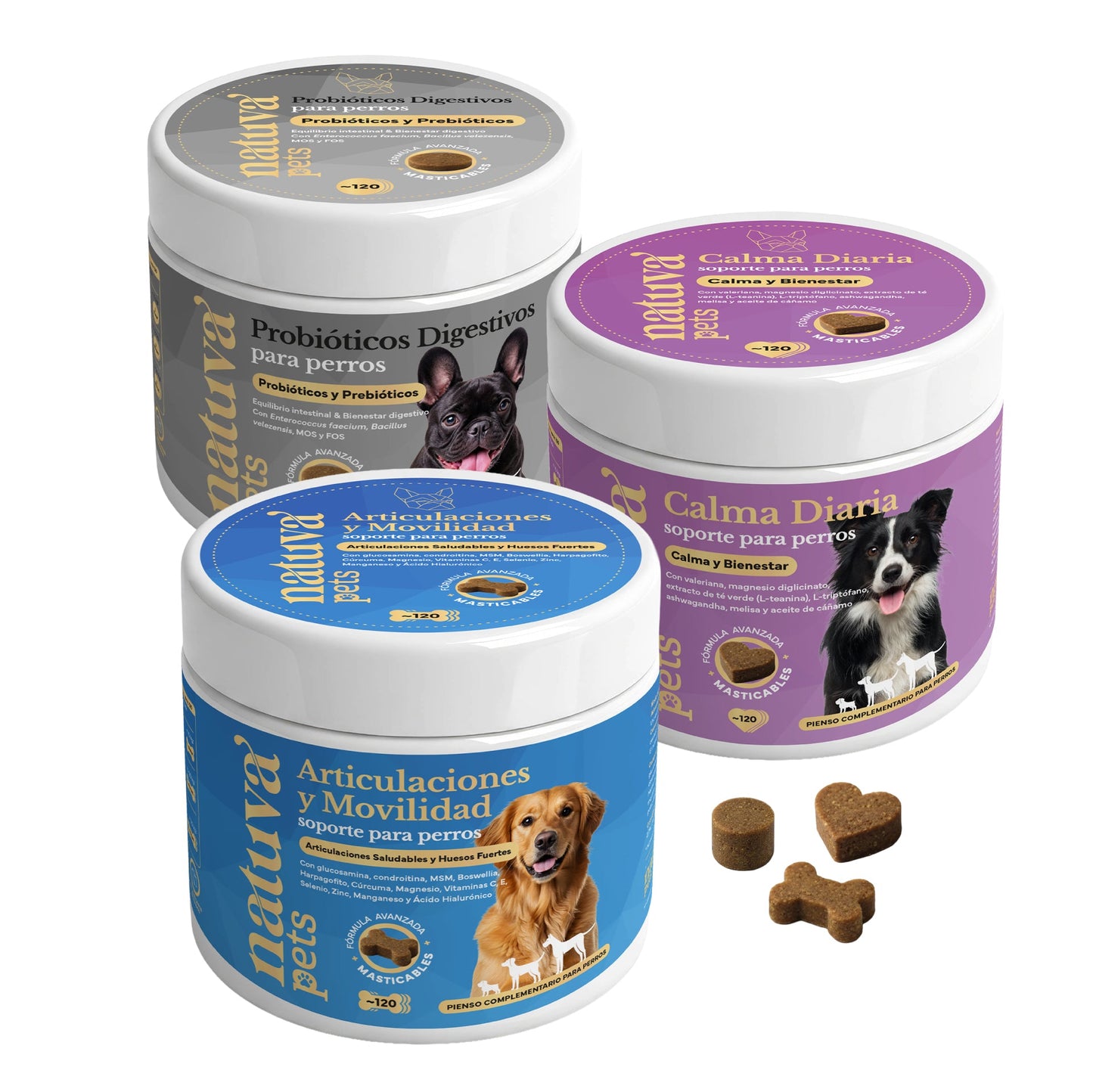 Pack Condroprotector + Calmante + Probiótico Para Perros. Suplementos Mascotas. 360 Masticables. Natuva Pets_0