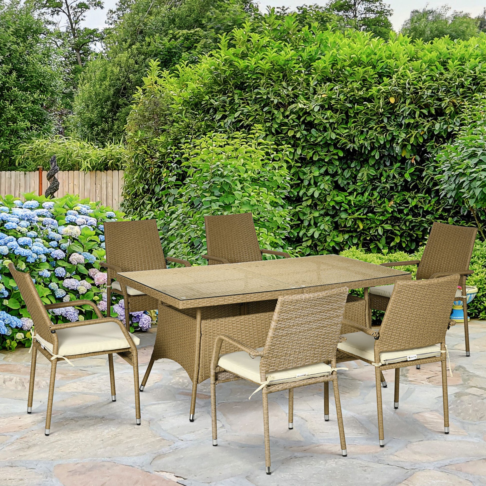 Outsunny Conjunto De Muebles De Ratán Pe Con Mesa De Centro Y 6 Sillas Apilables_1